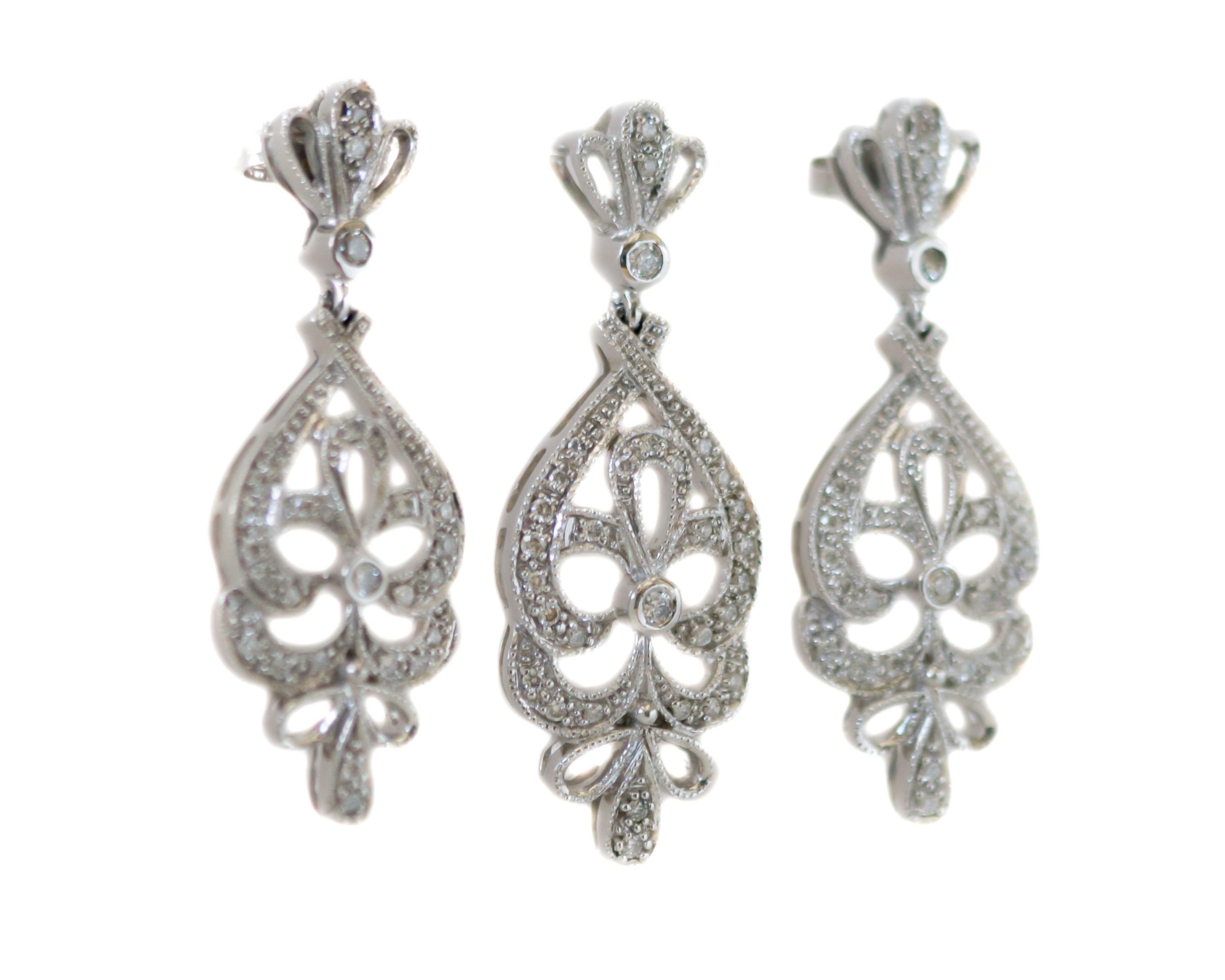 1950s Diamond Chandelier Earring and Necklace Set in 14 Karat White