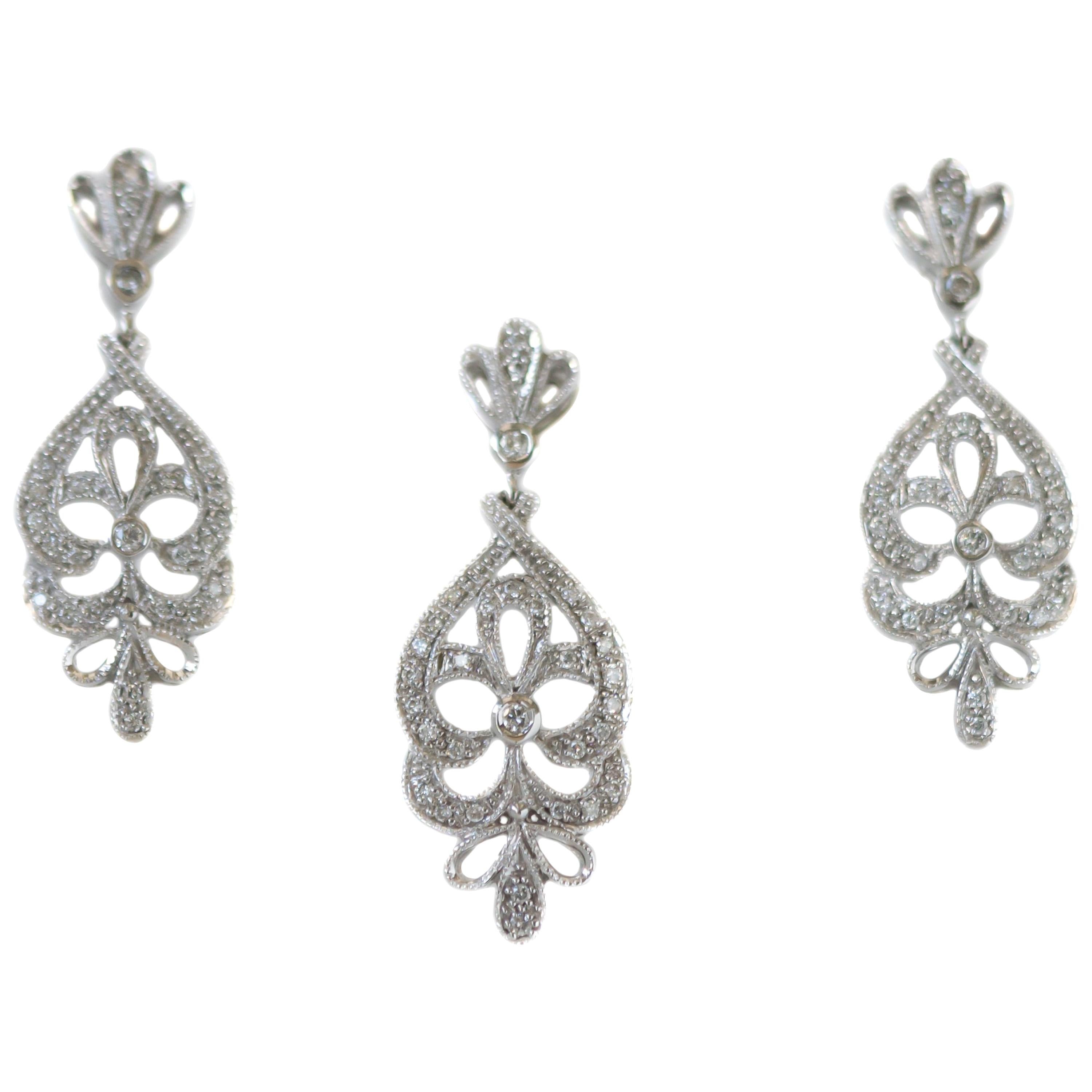 1950s Diamond Chandelier Earring and Necklace Set in 14 Karat White Gold For Sale