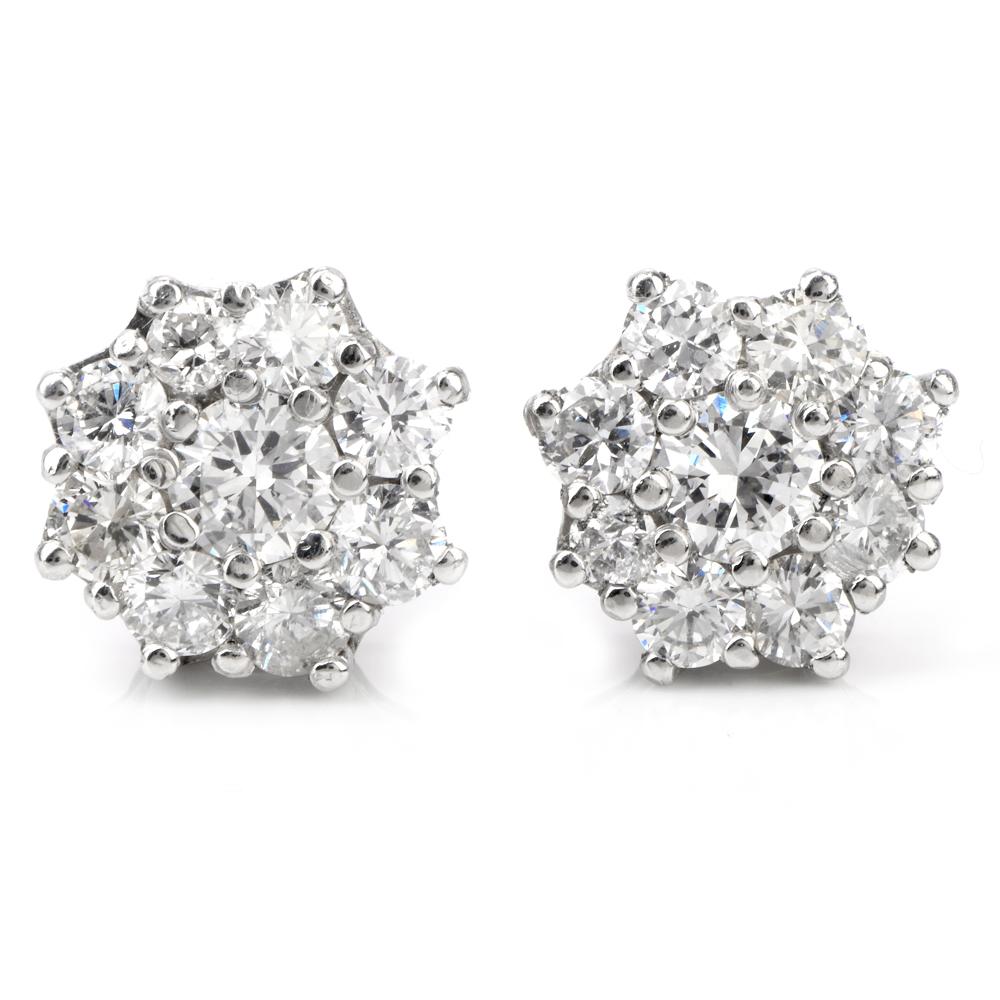 Round Cut 1950s Diamond Cluster Platinum Stud Earrings