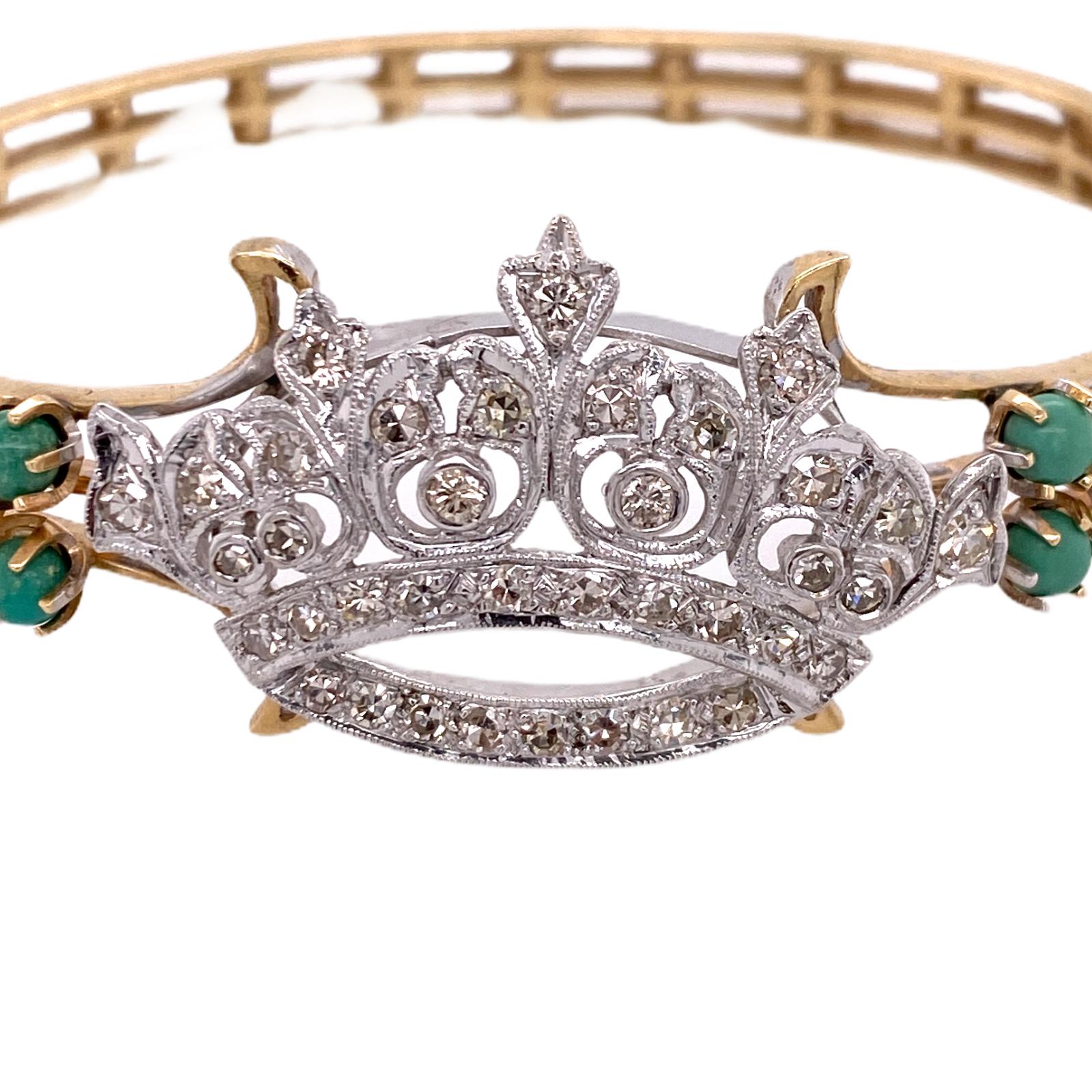 Beautiful 1950's diamond crown bangle bracelet fashioned in 14 karat yellow gold. The crown features 39 single and round brilliant cut diamonds weighing approximately 1.20 carat total weight and graded H-I color and SI clarity. The crown is flanked