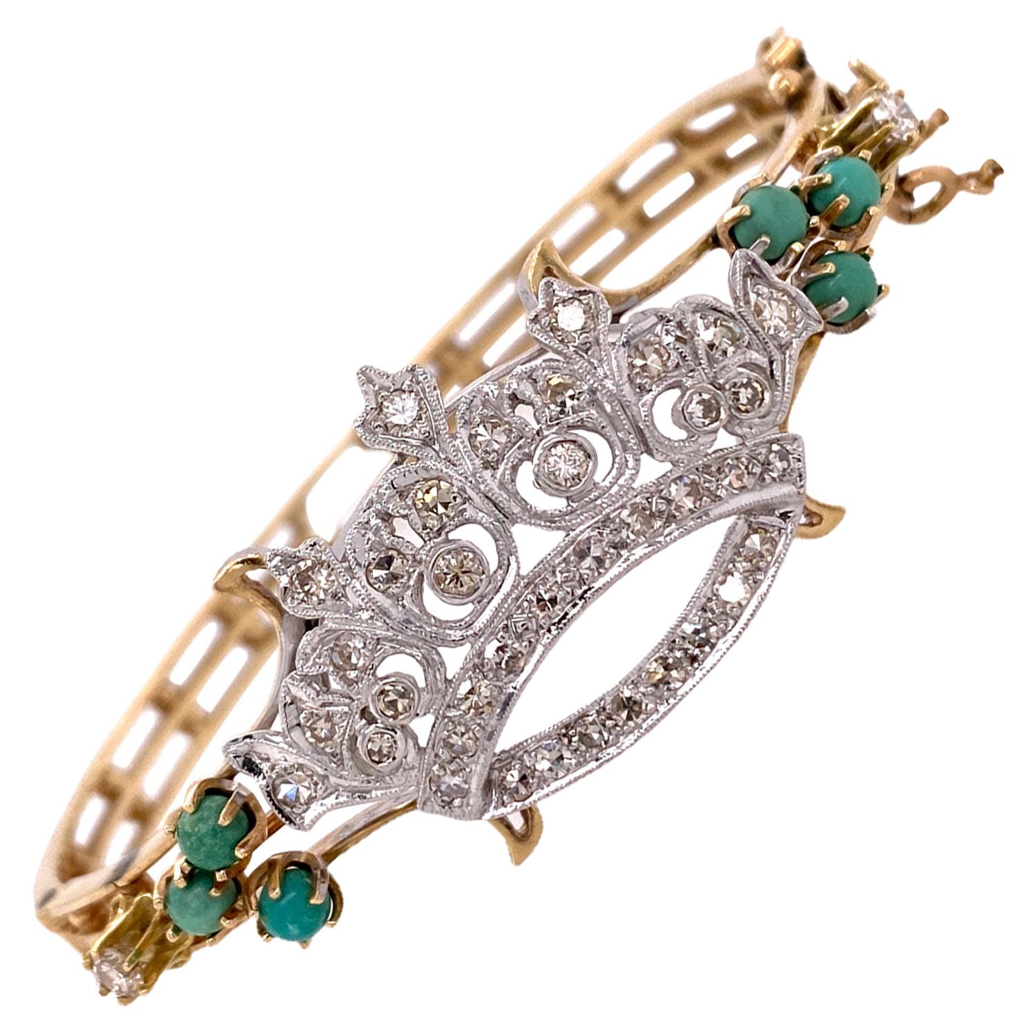 1950s Diamond Crown 14 Karat Yellow Gold Hinged Vintage Bangle Bracelet