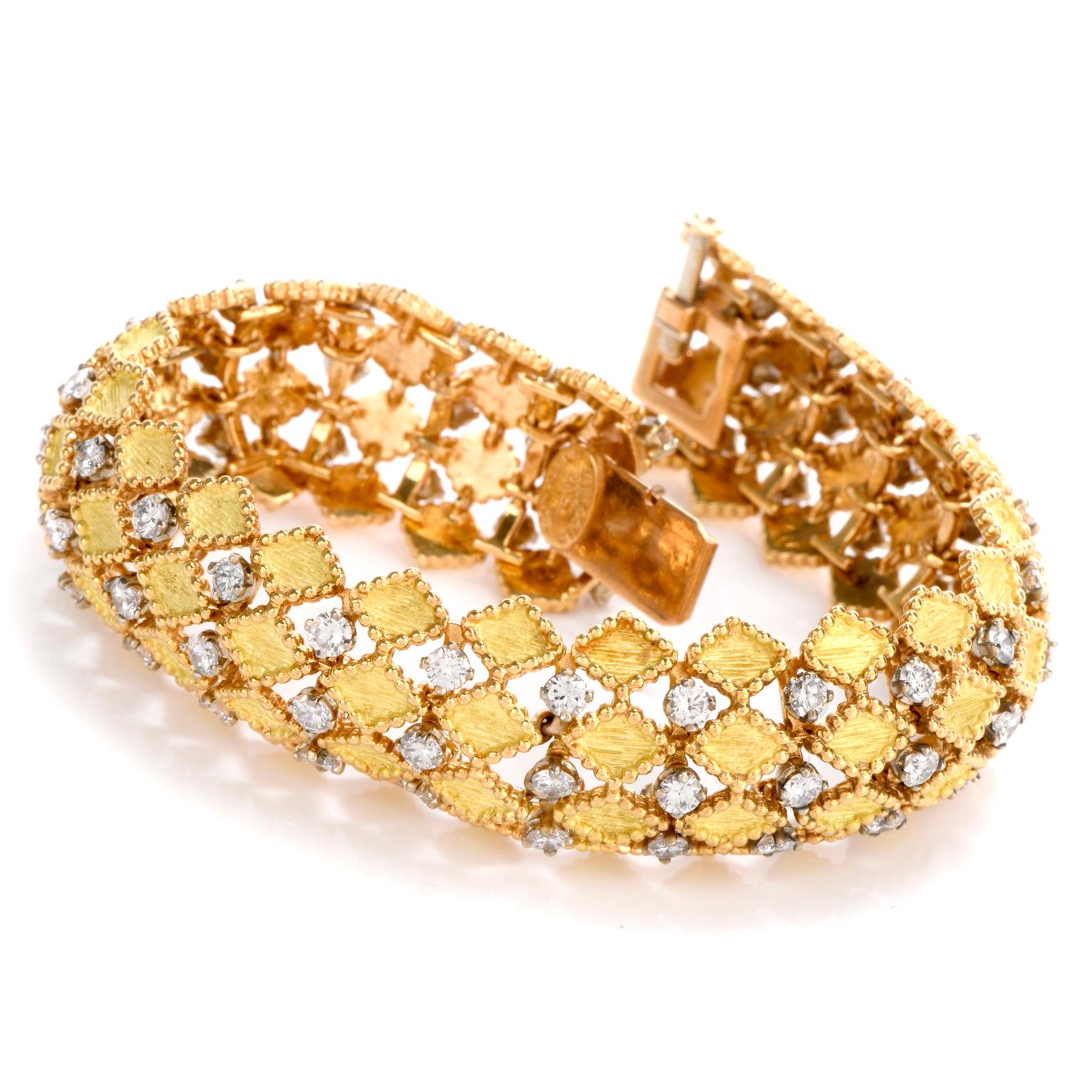 This exquisite 1960's French made Vintage domed Diamond bracelet was crafted in 18k gold and features 69  high quality round brilliant diamonds at an approximate weight of 6.50 carats and are of
G-H color and VS1-VS2 clarity. It features a hidden