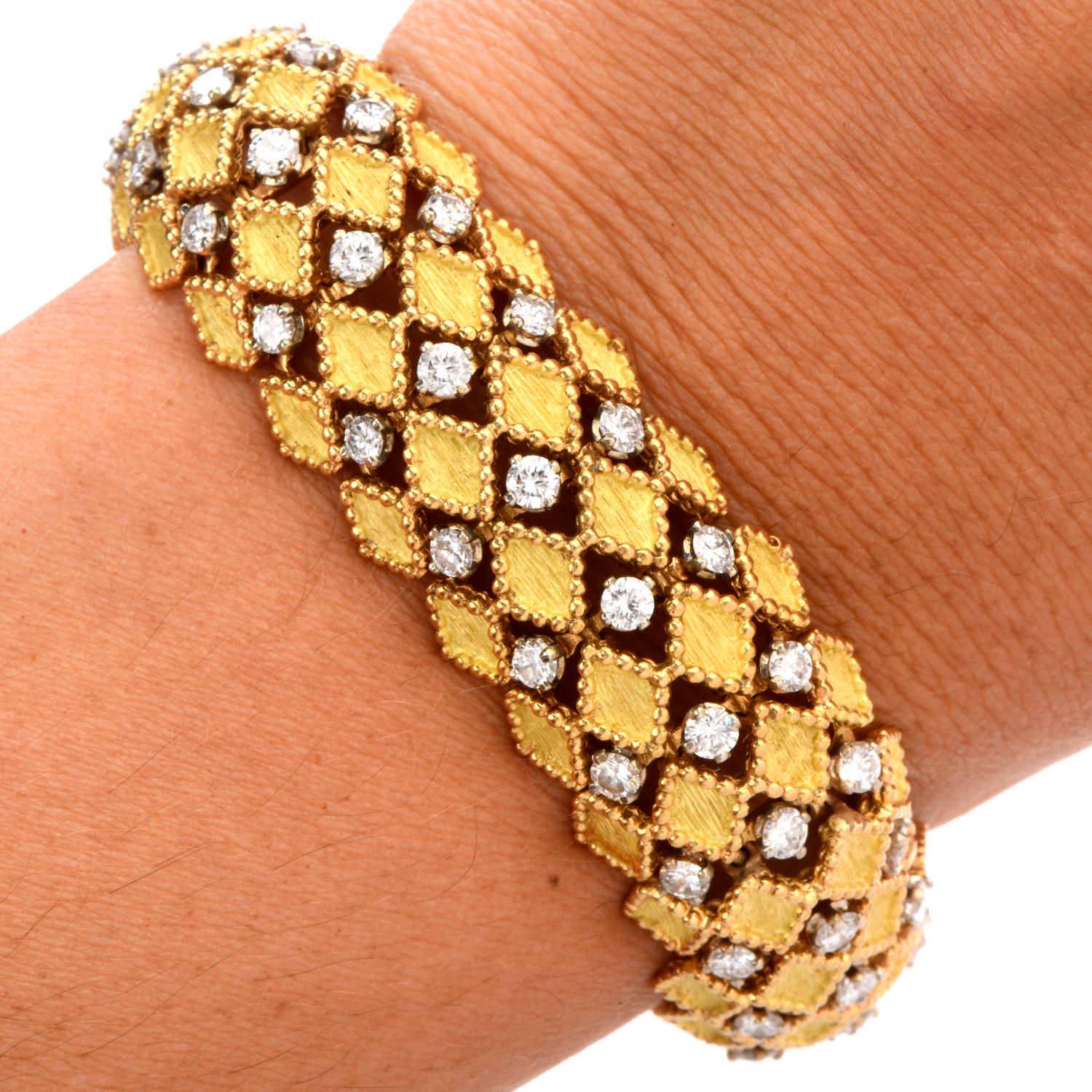 Women's or Men's 1960s Diamond Domed 18 Karat Snake French Made Mesh Bracelet