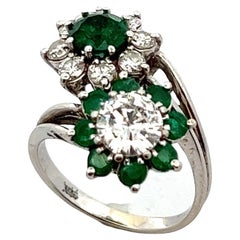 Antique 1950s Diamond Emerald 18 Karat White Gold Bypass Cocktail Estate Ring
