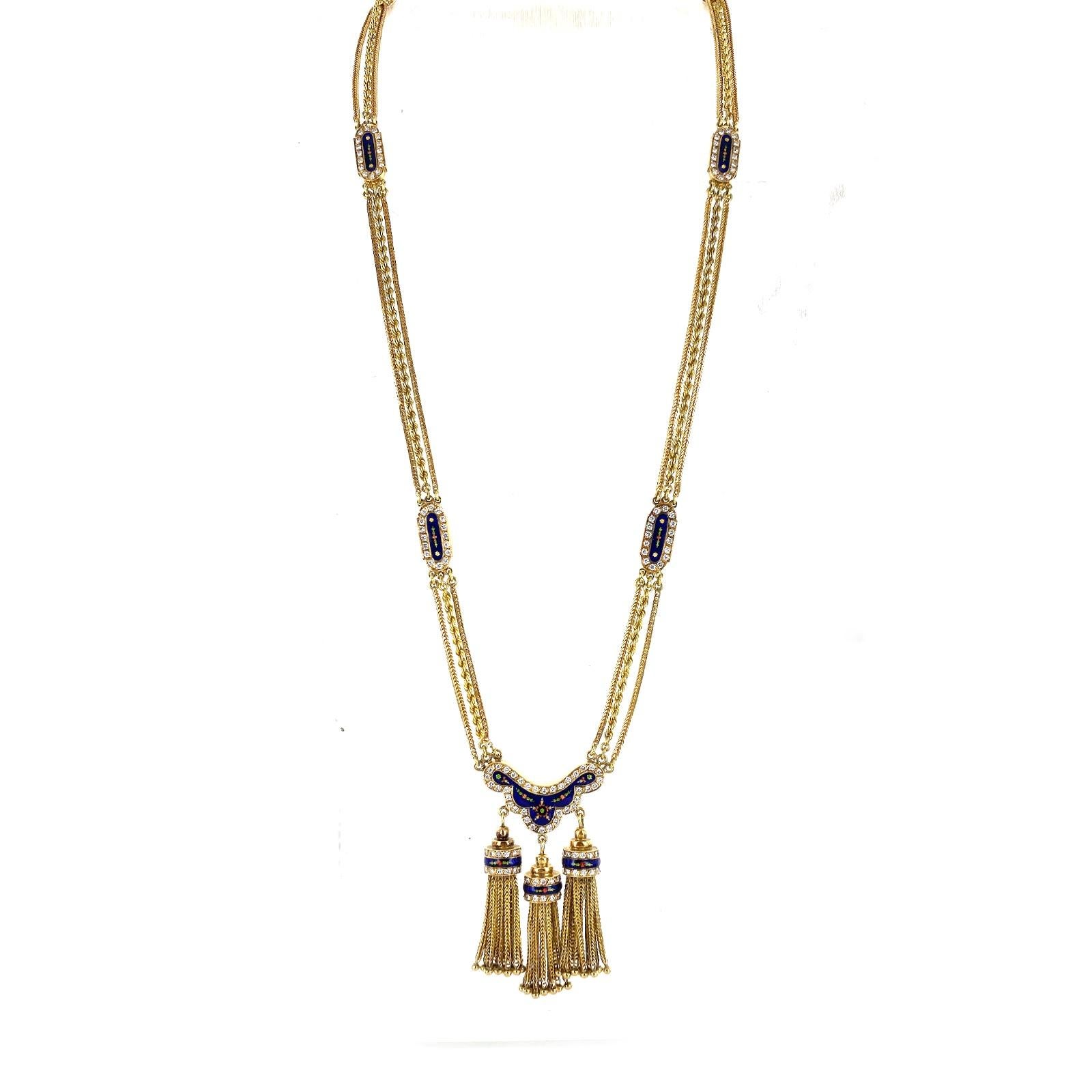 Women's 1950's Diamond Enamel 18 Karat Yellow Gold Tassel Drop Vintage Necklace