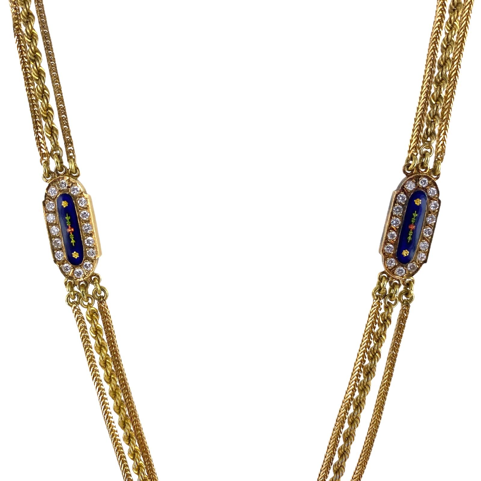 1950's Diamond Enamel 18 Karat Yellow Gold Tassel Drop Vintage Necklace 1