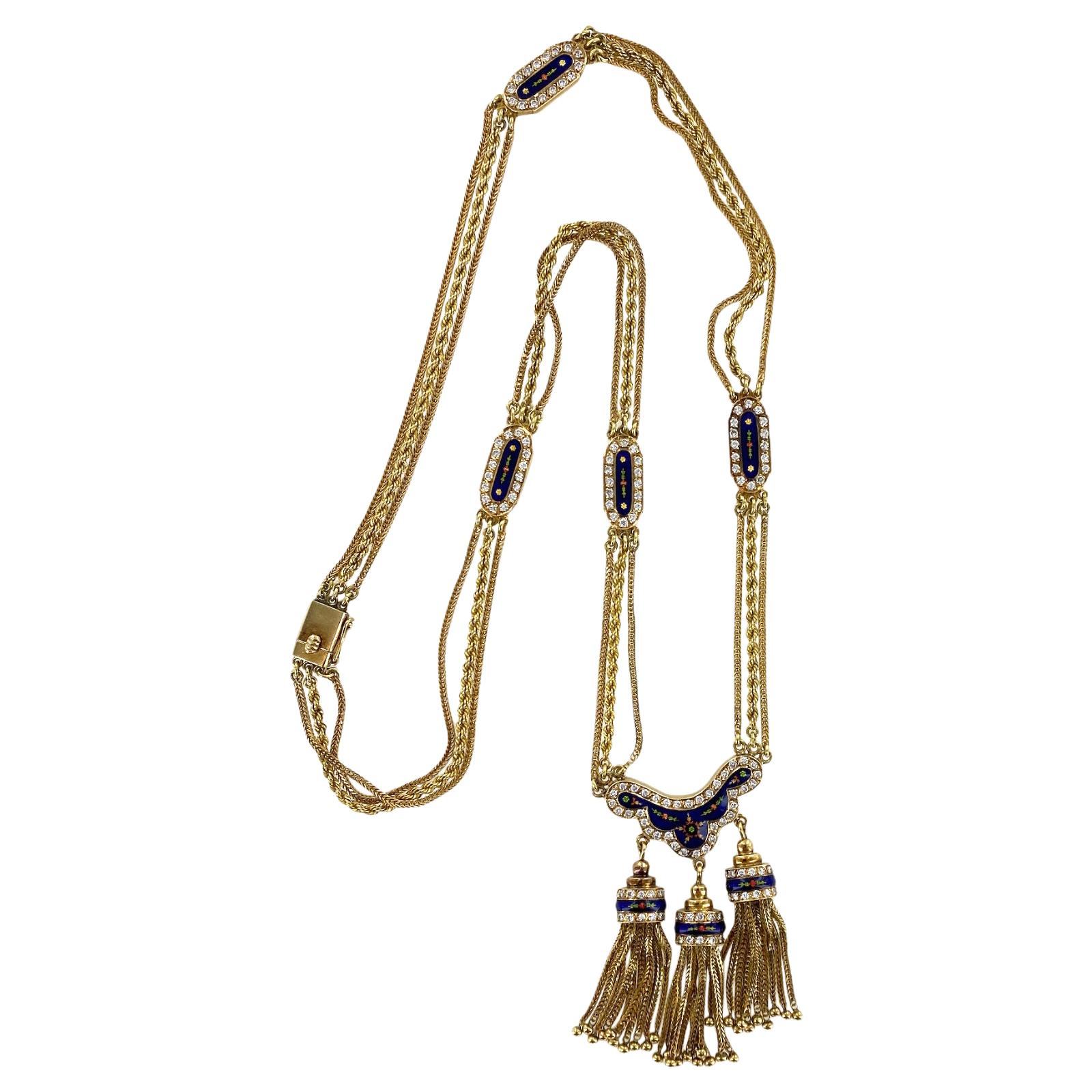 1950's Diamond Enamel 18 Karat Yellow Gold Tassel Drop Vintage Necklace