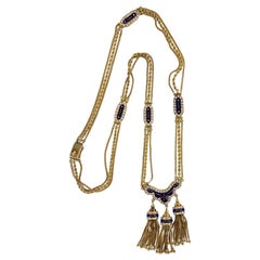 1950's Diamond Enamel 18 Karat Yellow Gold Tassel Drop Vintage Necklace