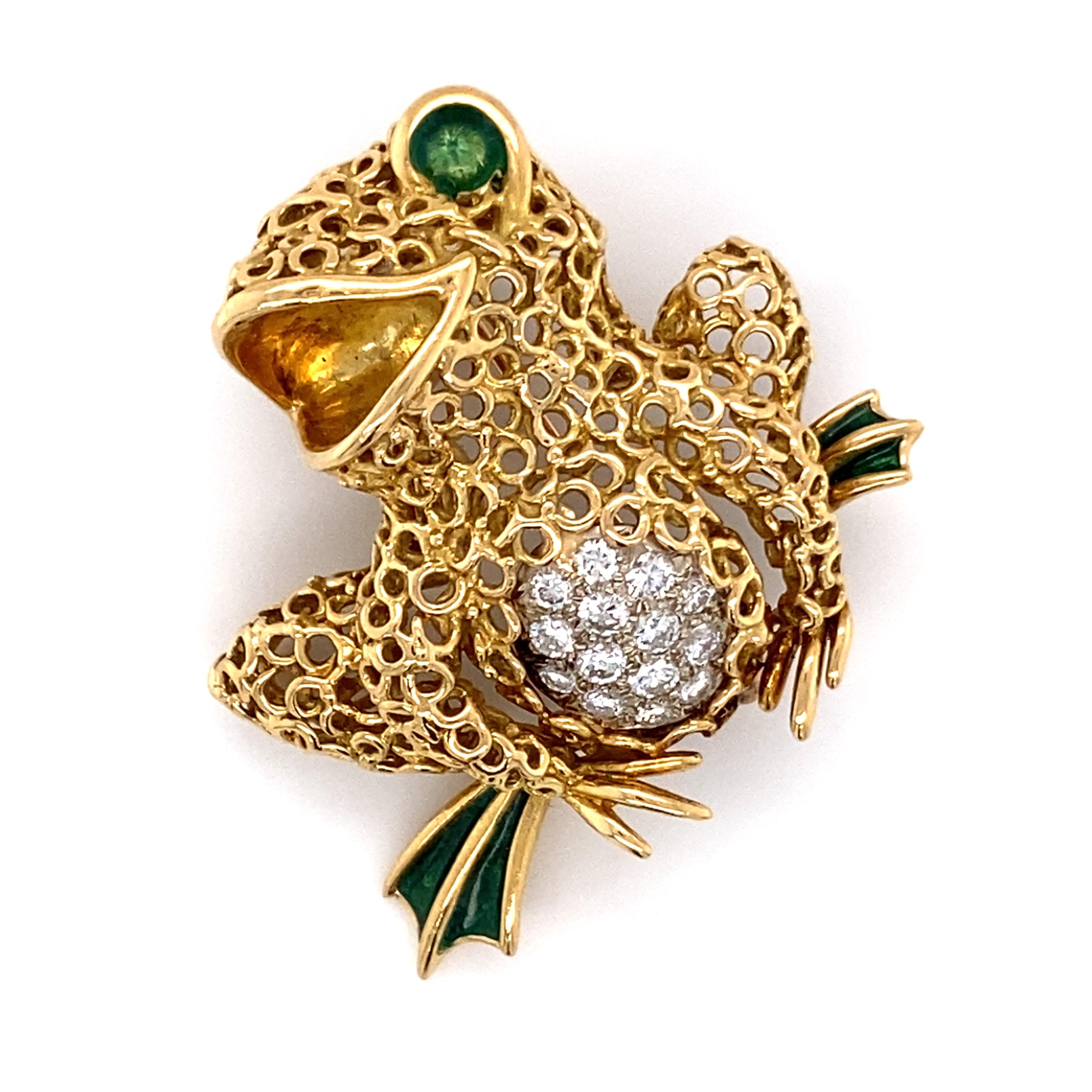 Women's or Men's 1950s Diamond Enamel Frog Pin in 18 Karat Gold