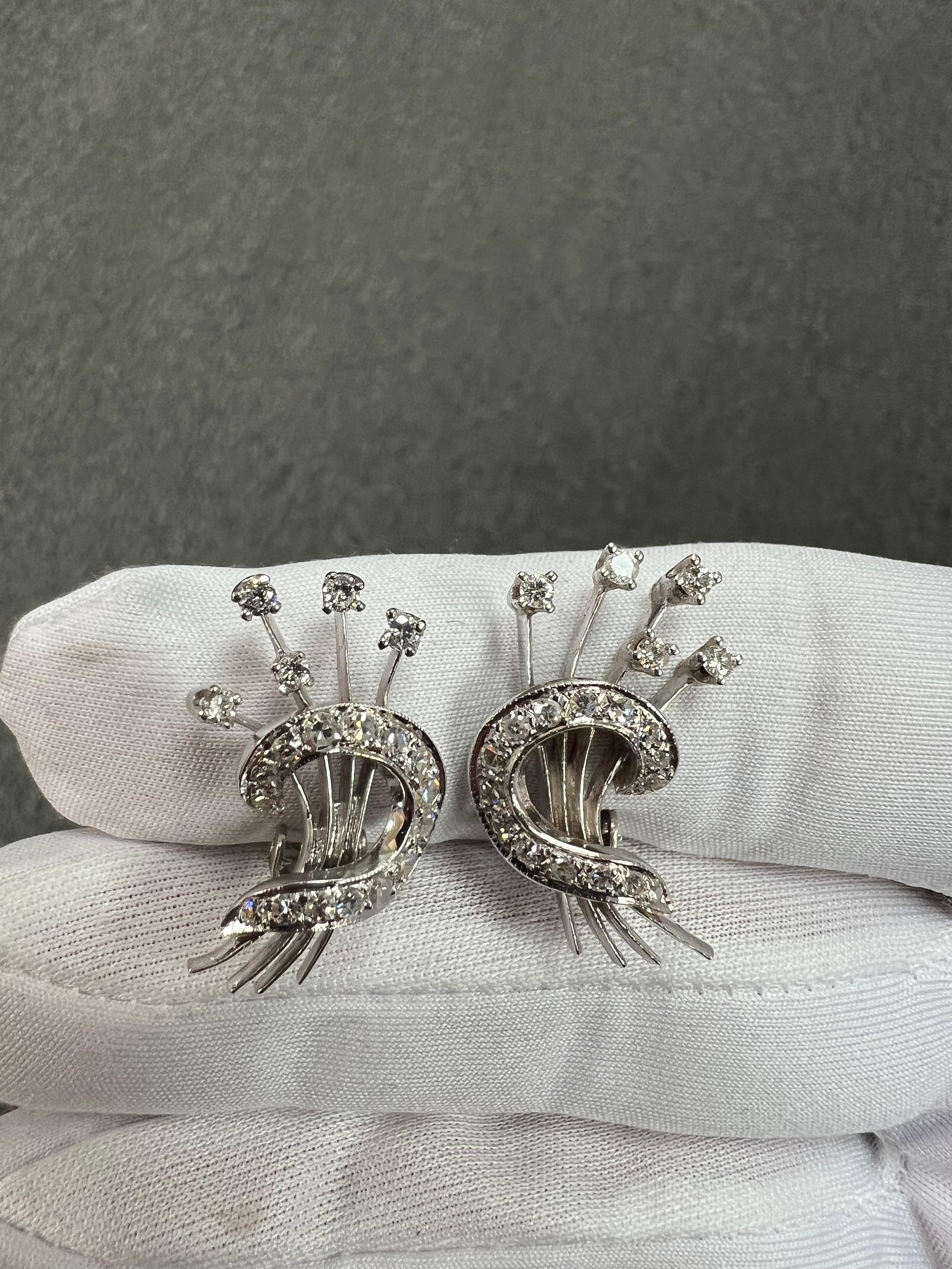 1950s Diamond Floral Spray Clip On Earrings White Gold For Sale 4