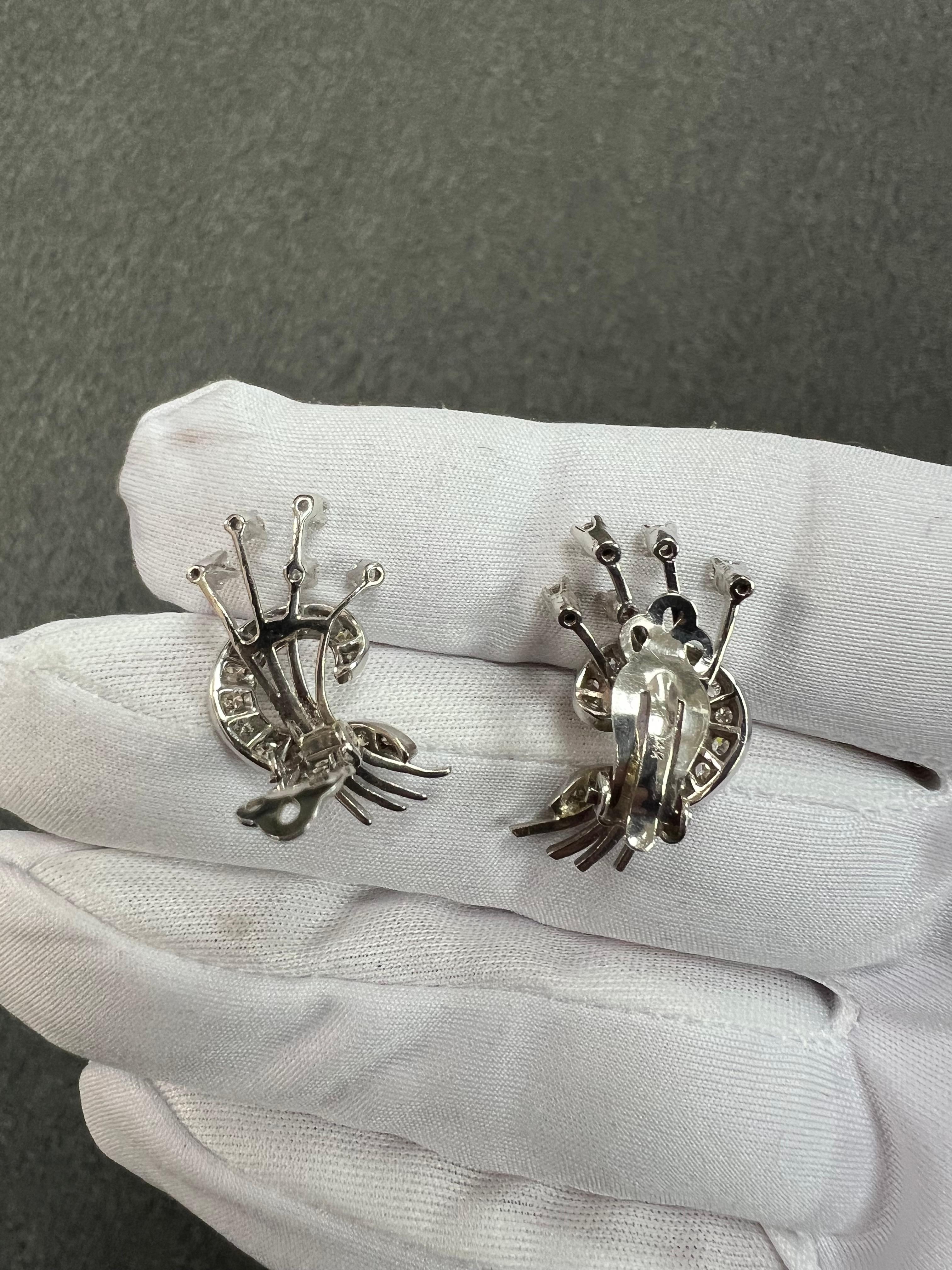 1950s Diamond Floral Spray Clip On Earrings White Gold For Sale 5
