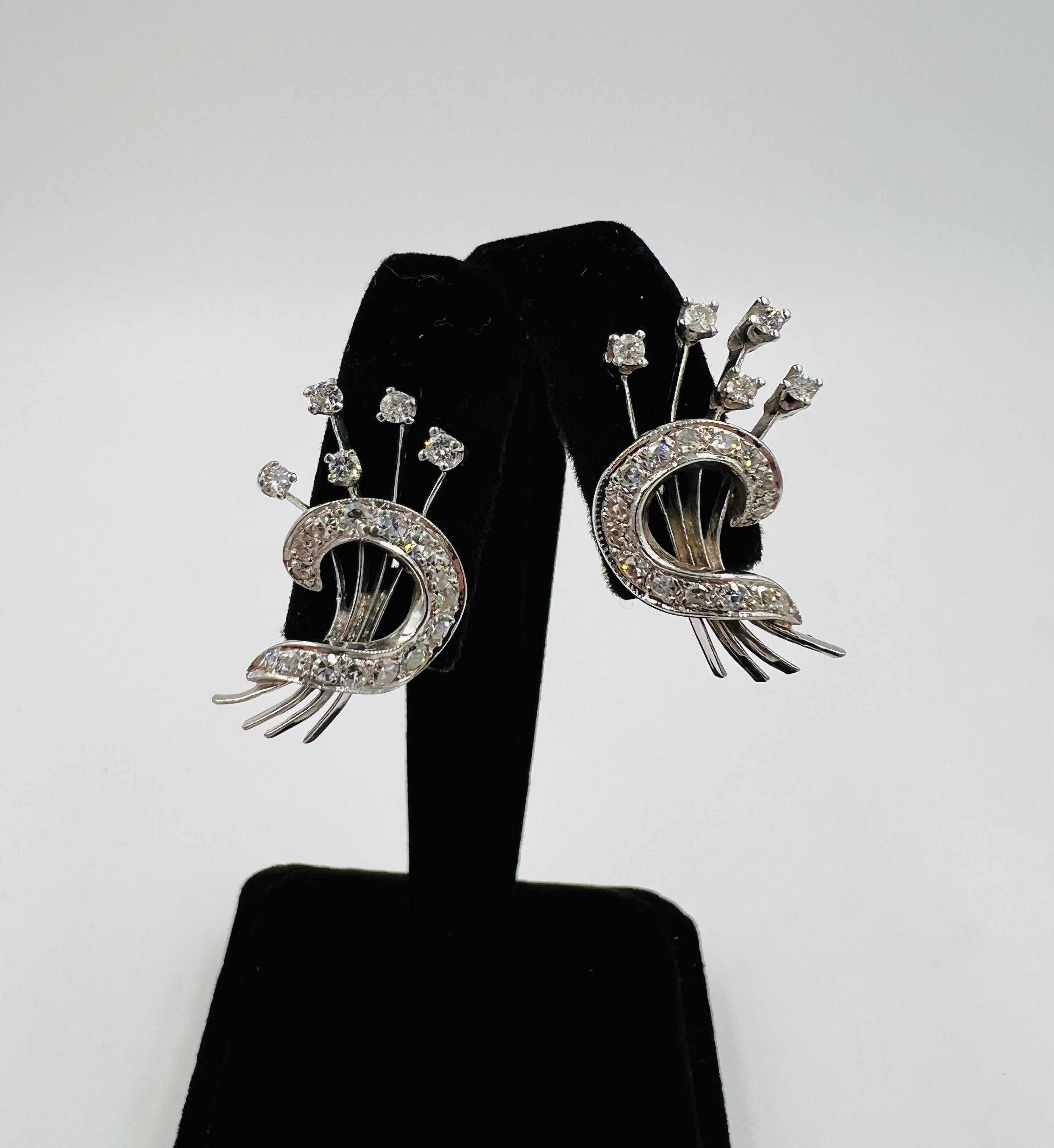 Women's or Men's 1950s Diamond Floral Spray Clip On Earrings White Gold For Sale