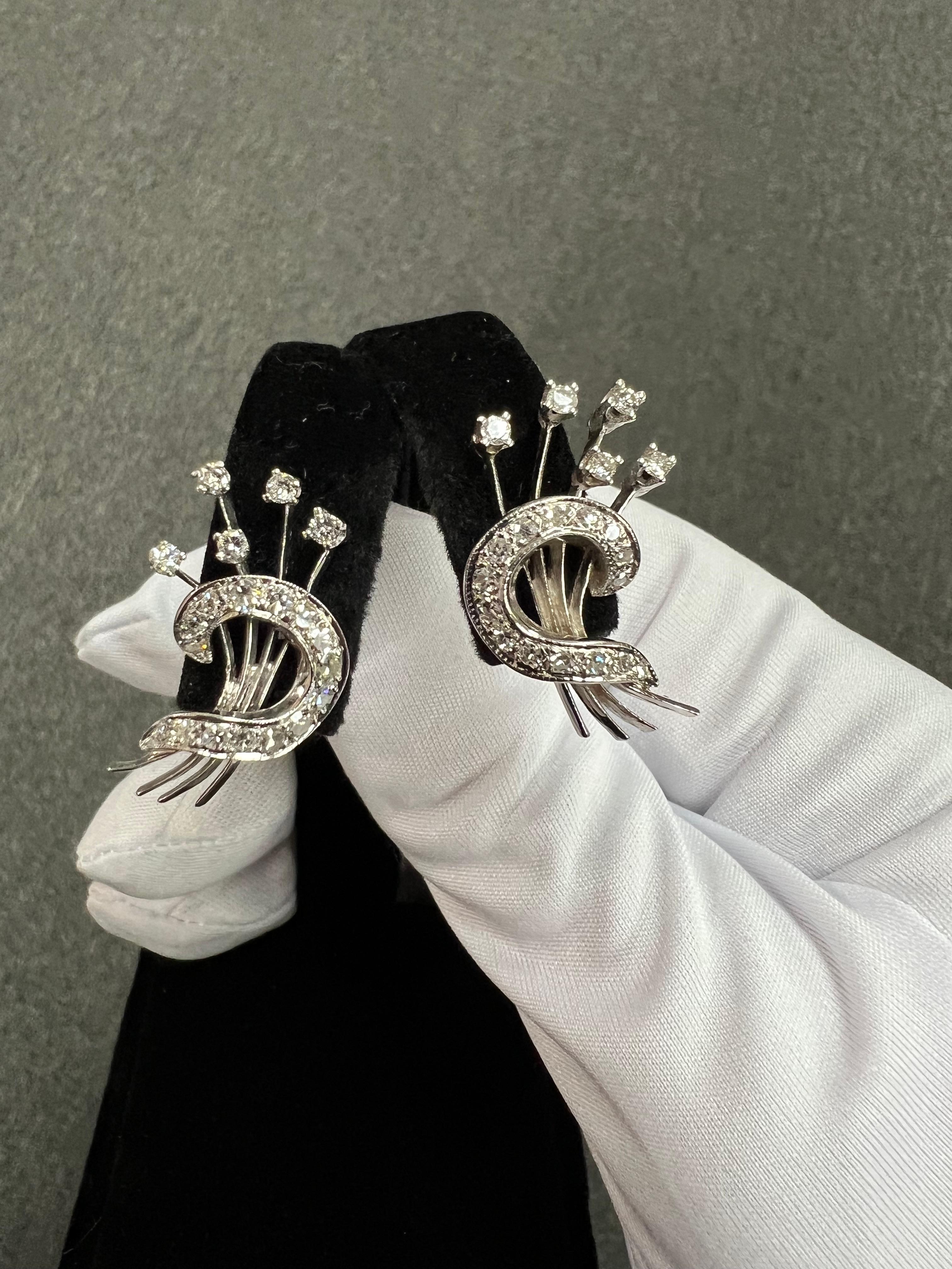 1950s Diamond Floral Spray Clip On Earrings White Gold For Sale 3