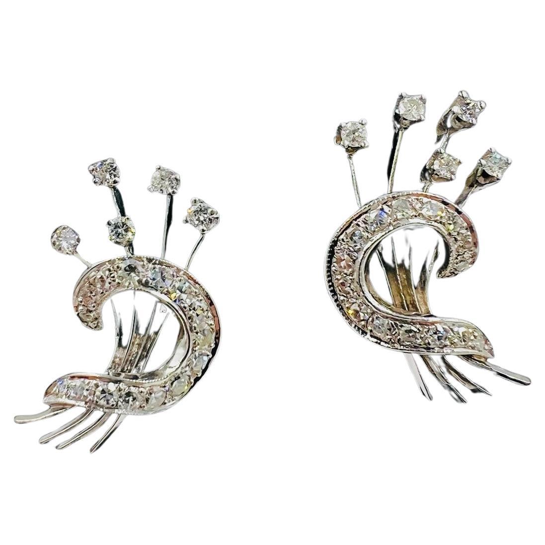 1950s Diamond Floral Spray Clip On Earrings White Gold For Sale