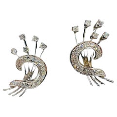 1950s Diamond Floral Spray Clip On Earrings White Gold