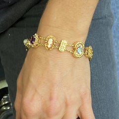 1950s Diamond Gemstone 14 Karat Yellow Gold Slide Charm Estate Bracelet