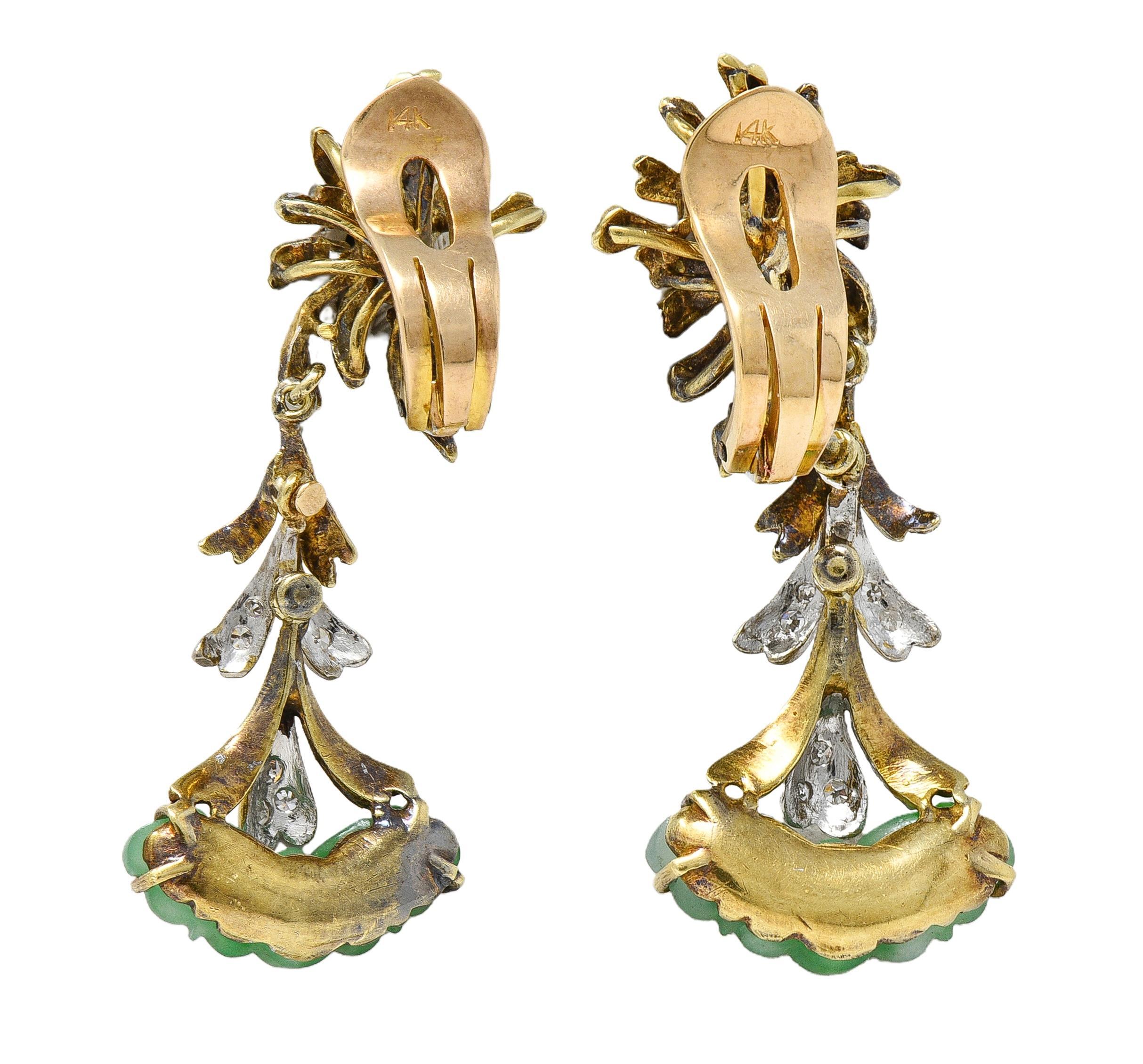 Pendiente de oro de dos tonos de 14 quilates con diamantes de jade de los años 50 Corte único en venta