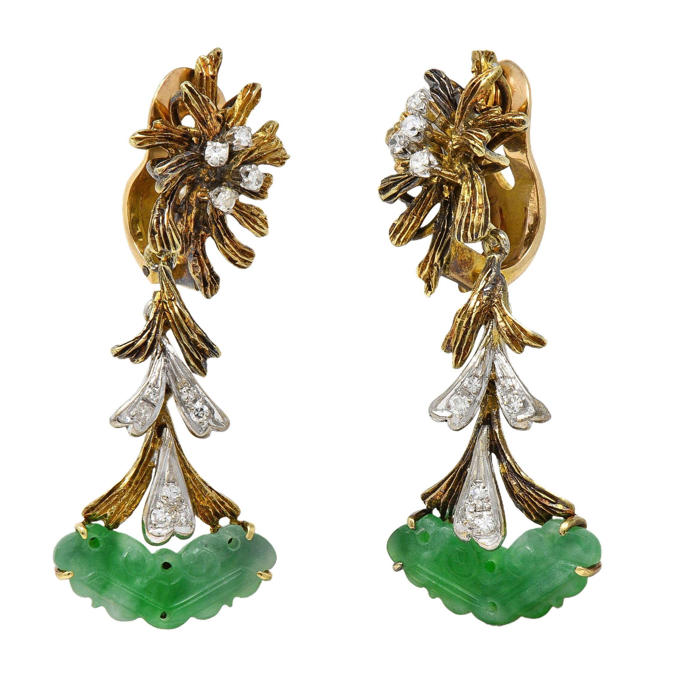 De las mujeres Pendiente de oro de dos tonos de 14 quilates con diamantes de jade de los años 50 en venta