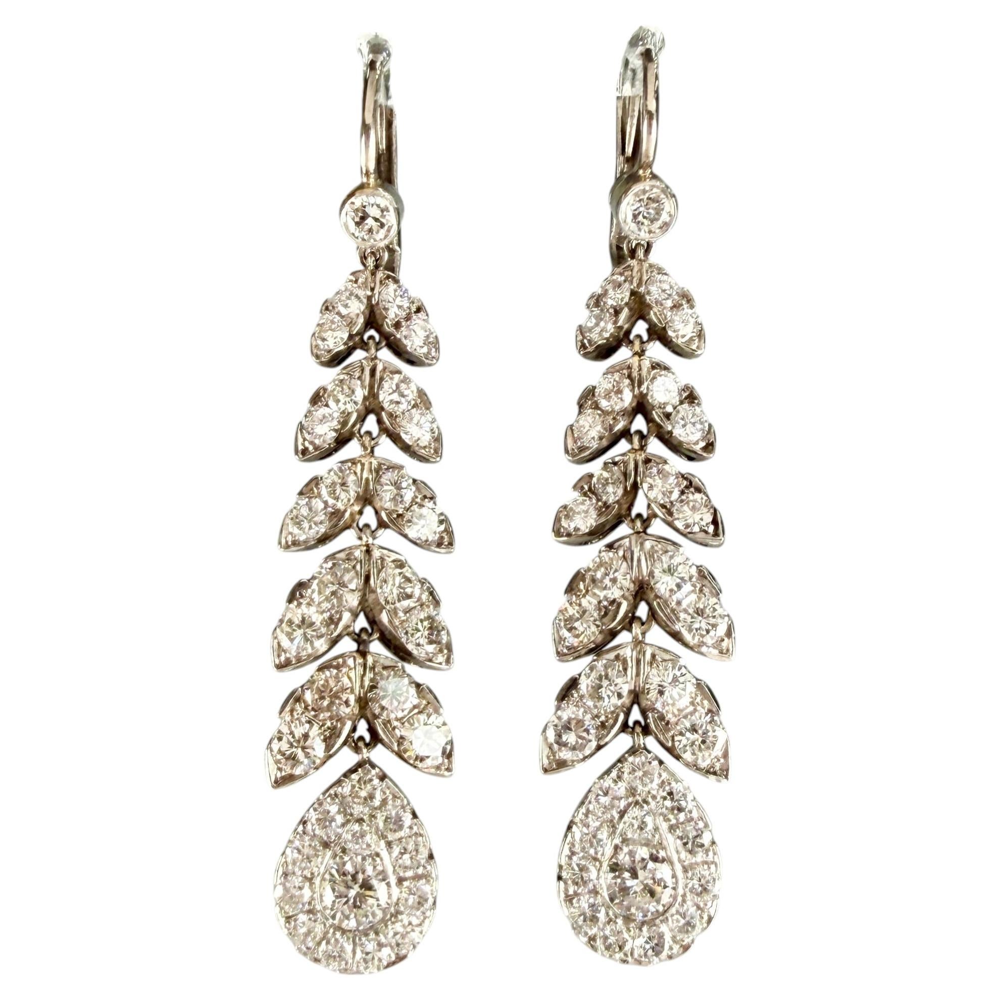 1950's Diamond Leaf Drop Dangle Earrings 18k/Platinum