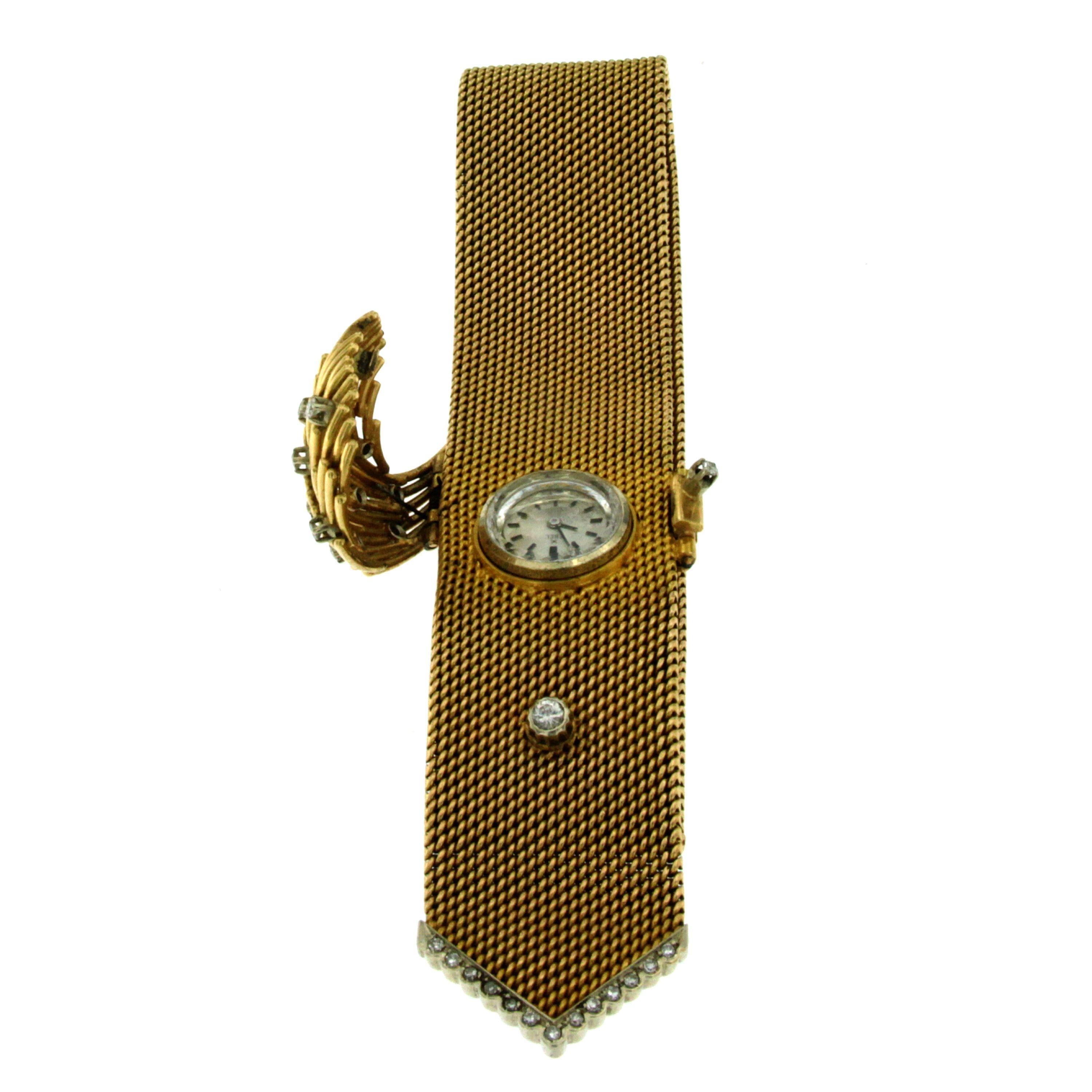 1950s Diamond Mesh Gold Ebel Watch Buckle Bracelet In Excellent Condition In Napoli, Italy