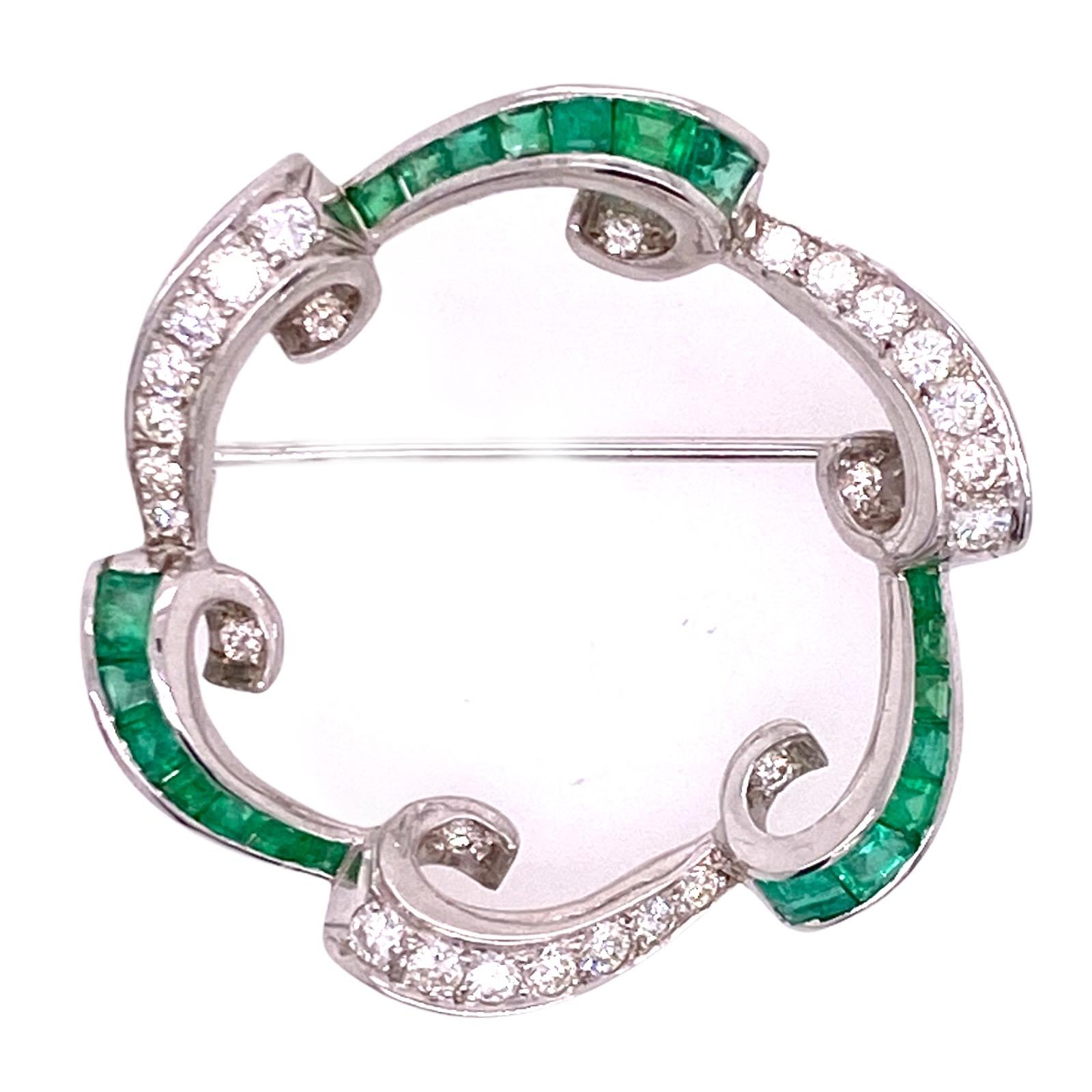 Art Deco 1950s Diamond Natural Emerald Platinum Vintage Pin Brooch