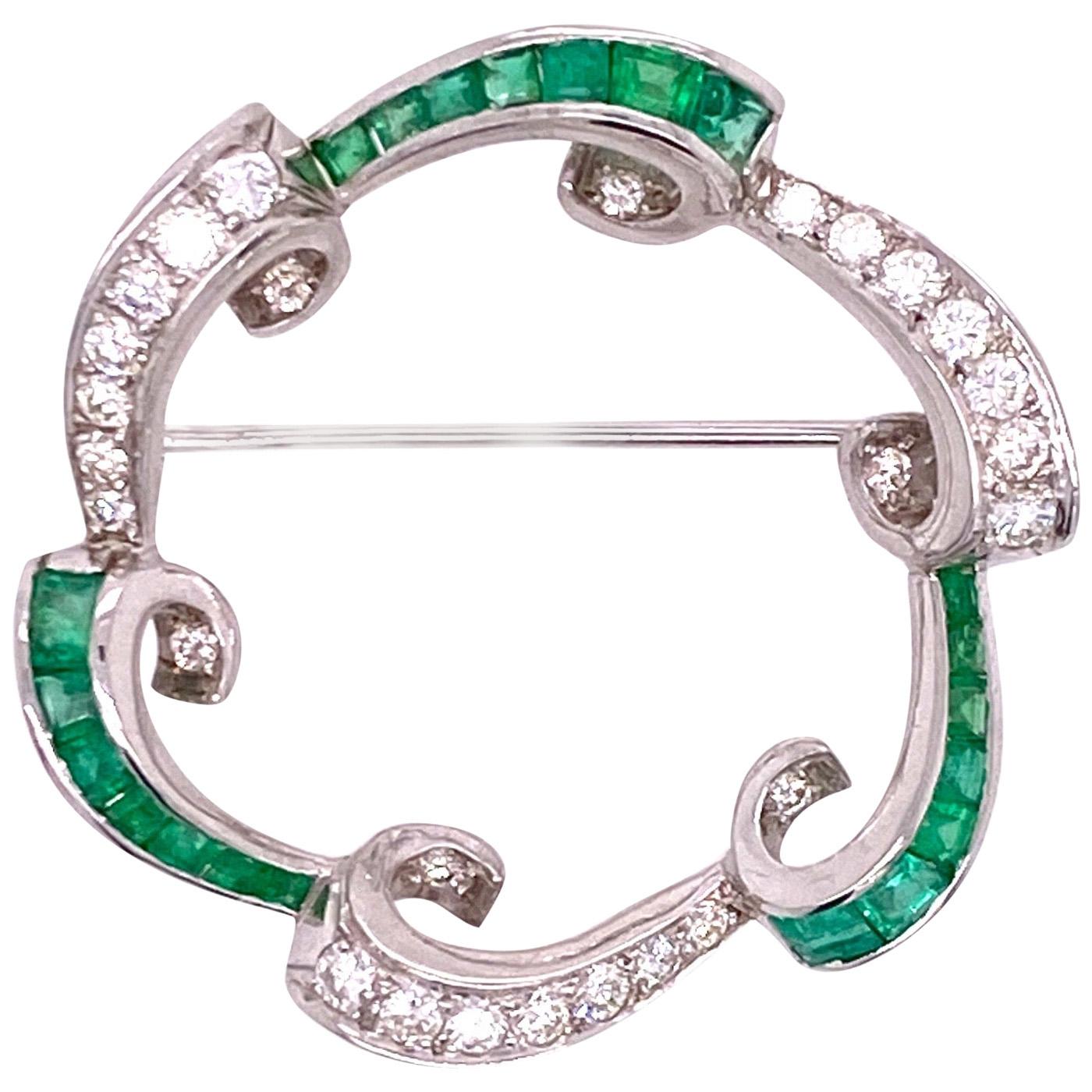 1950s Diamond Natural Emerald Platinum Vintage Pin Brooch