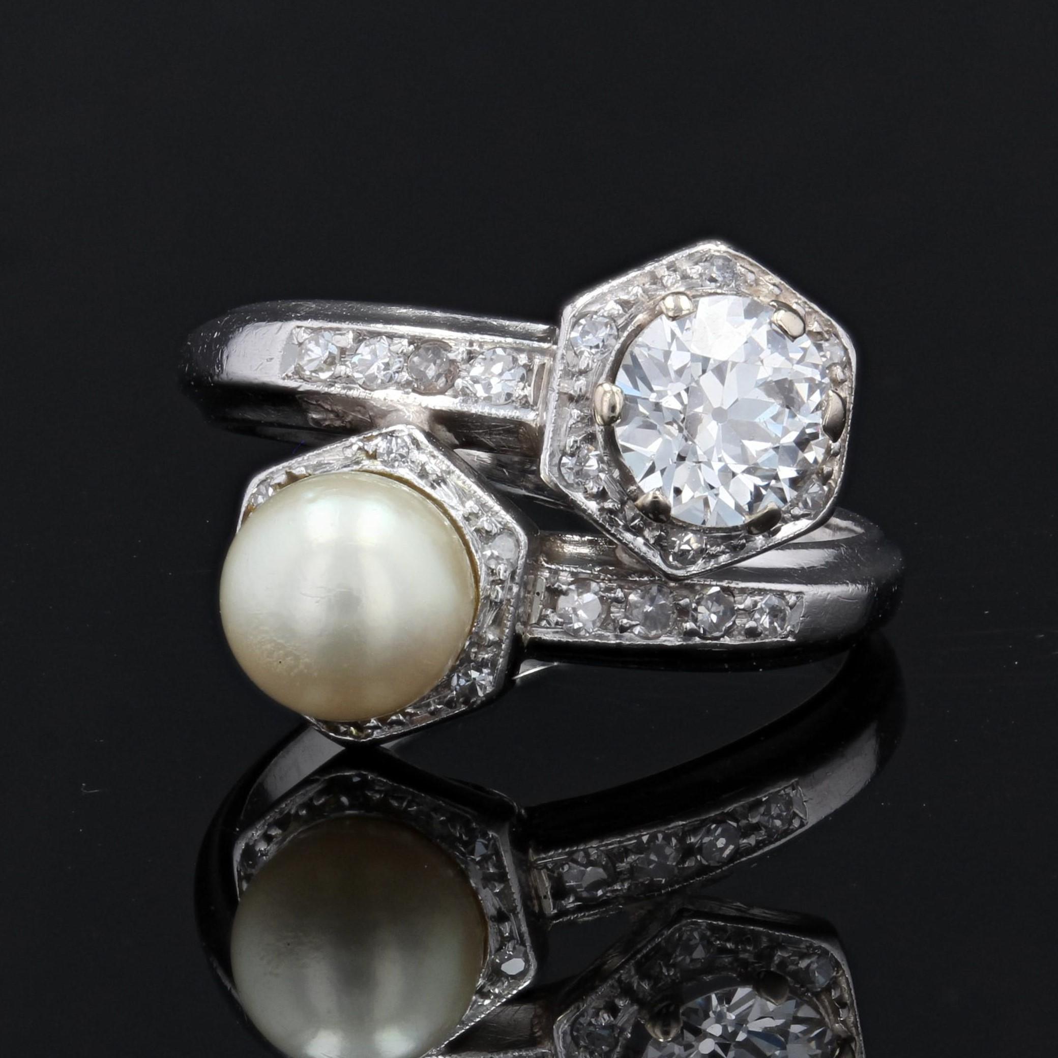 Retro 1950s, Diamond Pearl 18 Karat White Gold You and Me Ring