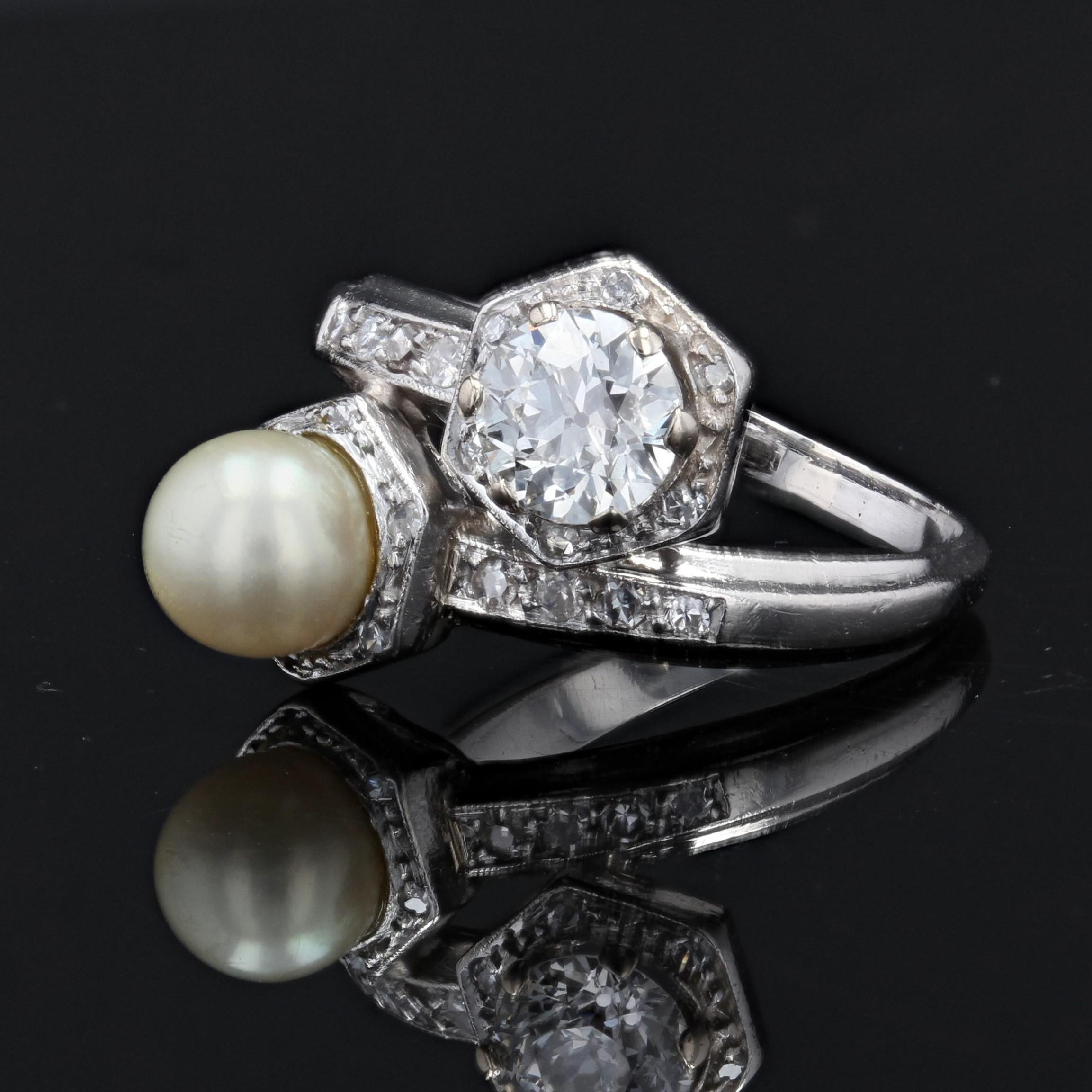 Brilliant Cut 1950s, Diamond Pearl 18 Karat White Gold You and Me Ring