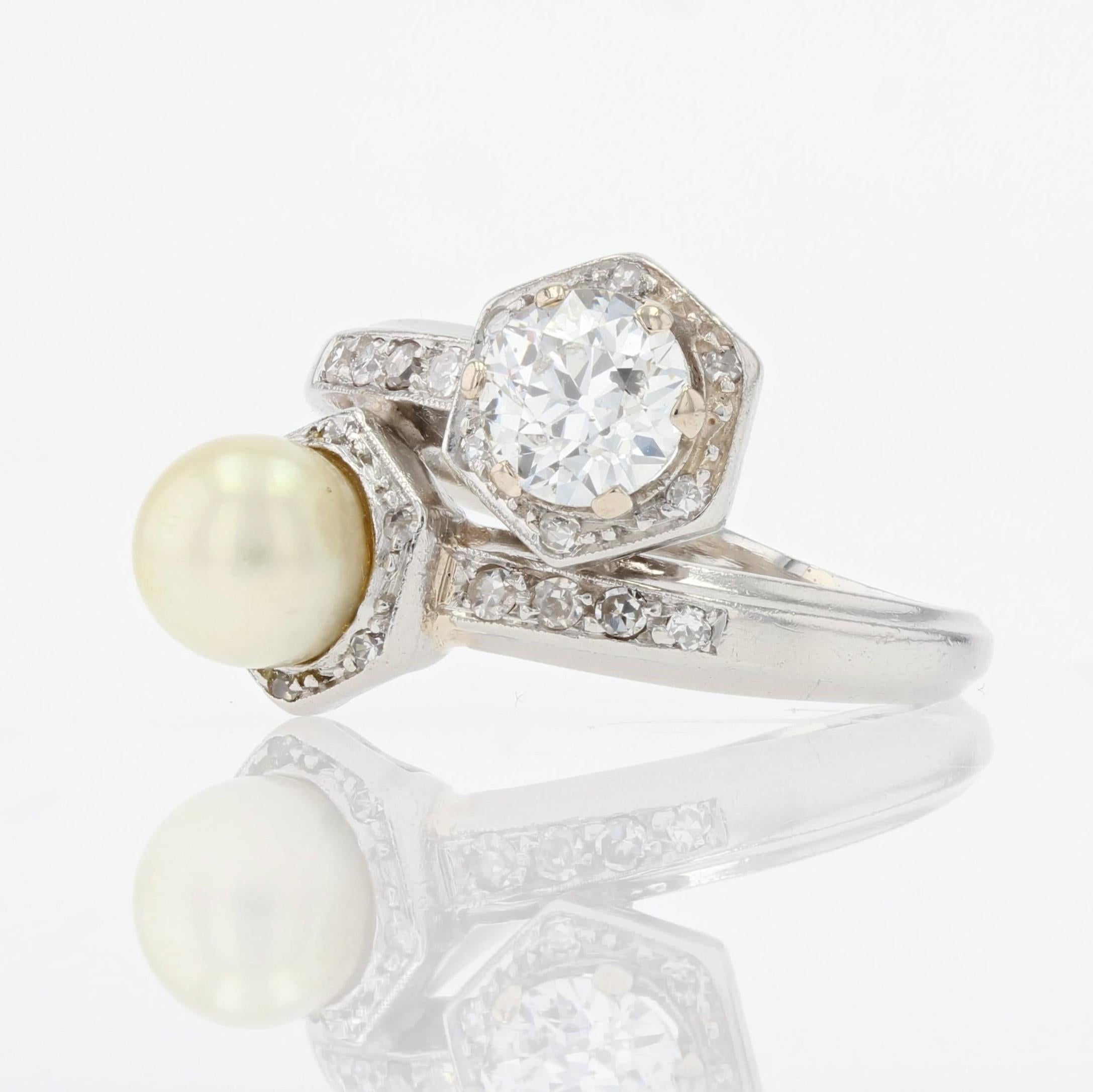 Women's 1950s, Diamond Pearl 18 Karat White Gold You and Me Ring