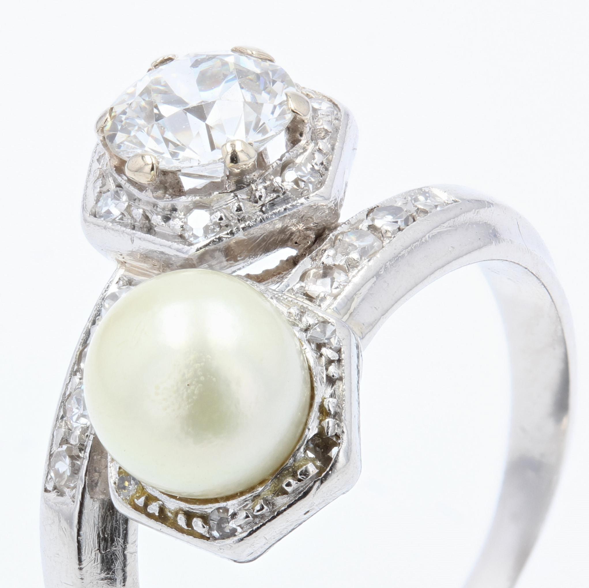1950s, Diamond Pearl 18 Karat White Gold You and Me Ring 1