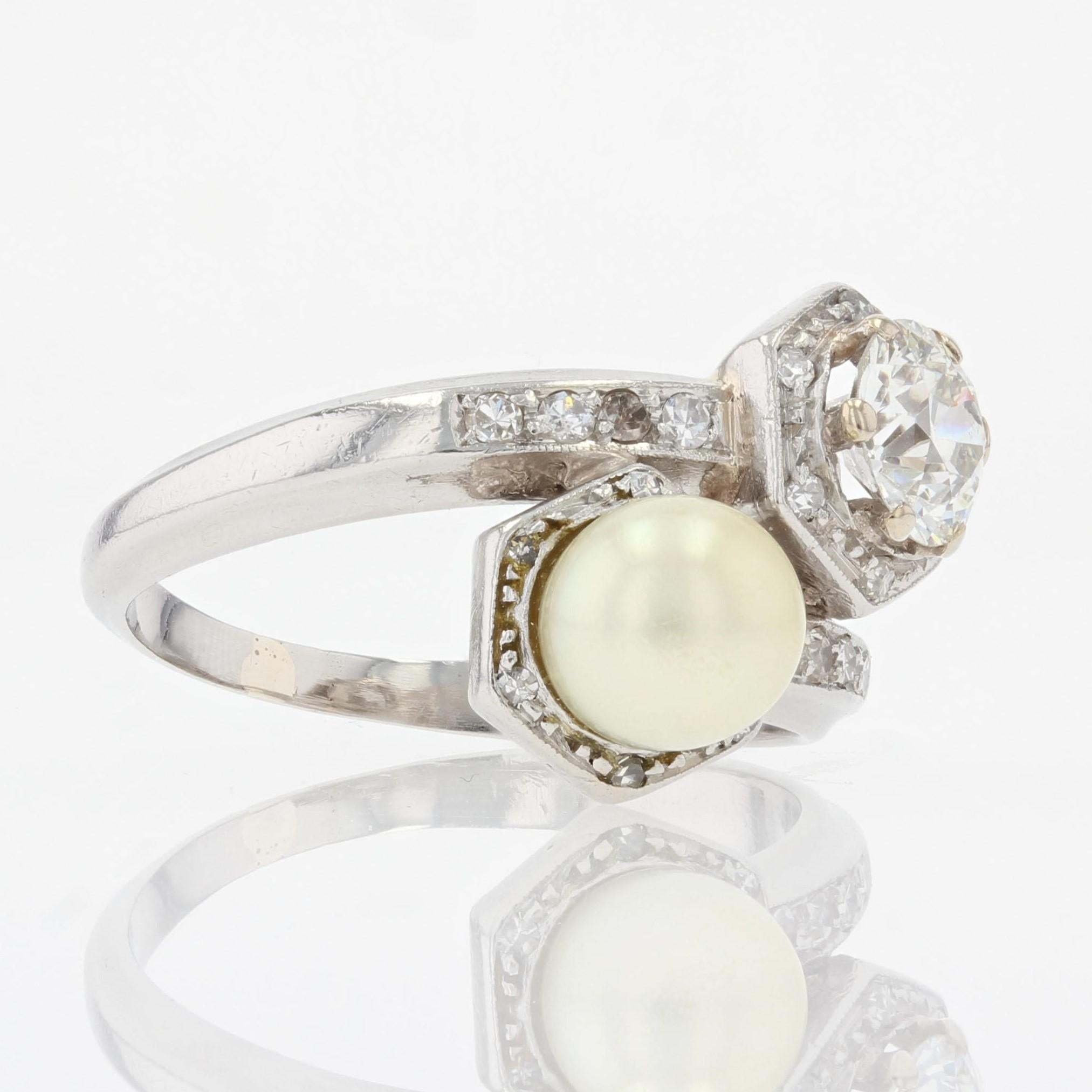 1950s, Diamond Pearl 18 Karat White Gold You and Me Ring 2