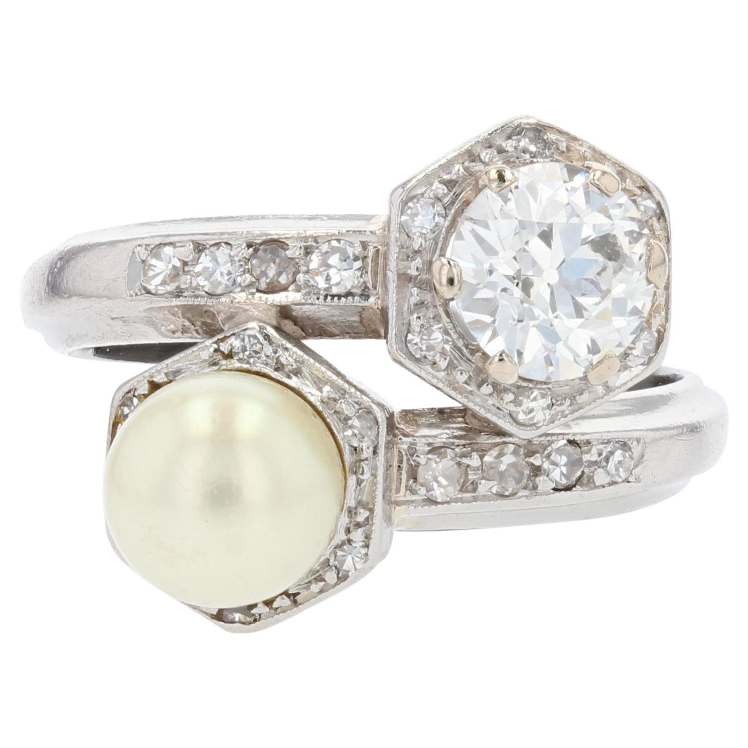 1950s, Diamond Pearl 18 Karat White Gold You and Me Ring