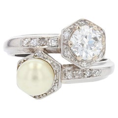 Vintage 1950s, Diamond Pearl 18 Karat White Gold You and Me Ring
