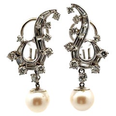 1950's Diamond Pearl Dangle Platinum Vintage Earrings Leverbacks