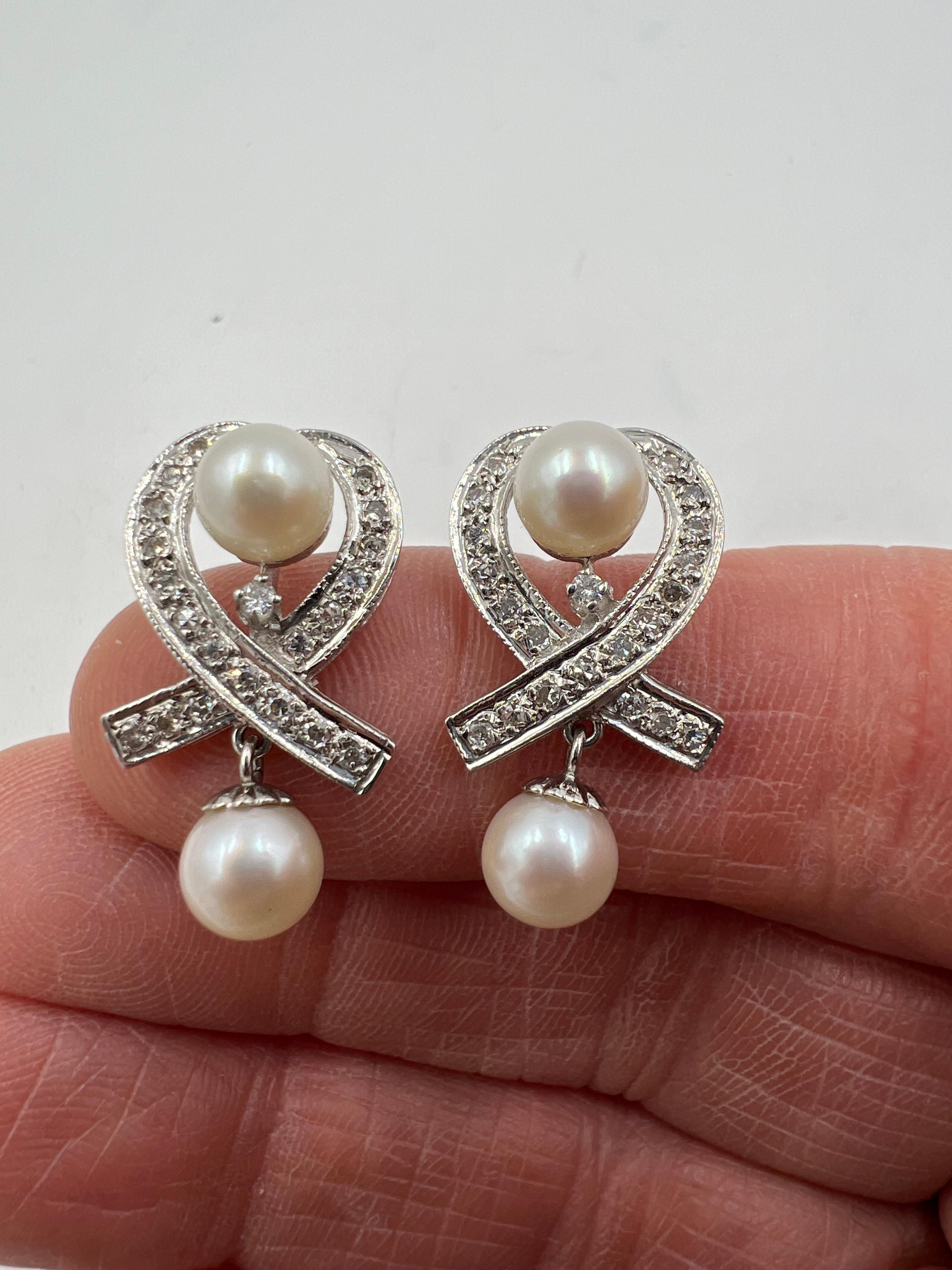 Modern 1950s Diamond Pearl Drop Earrings For Sale