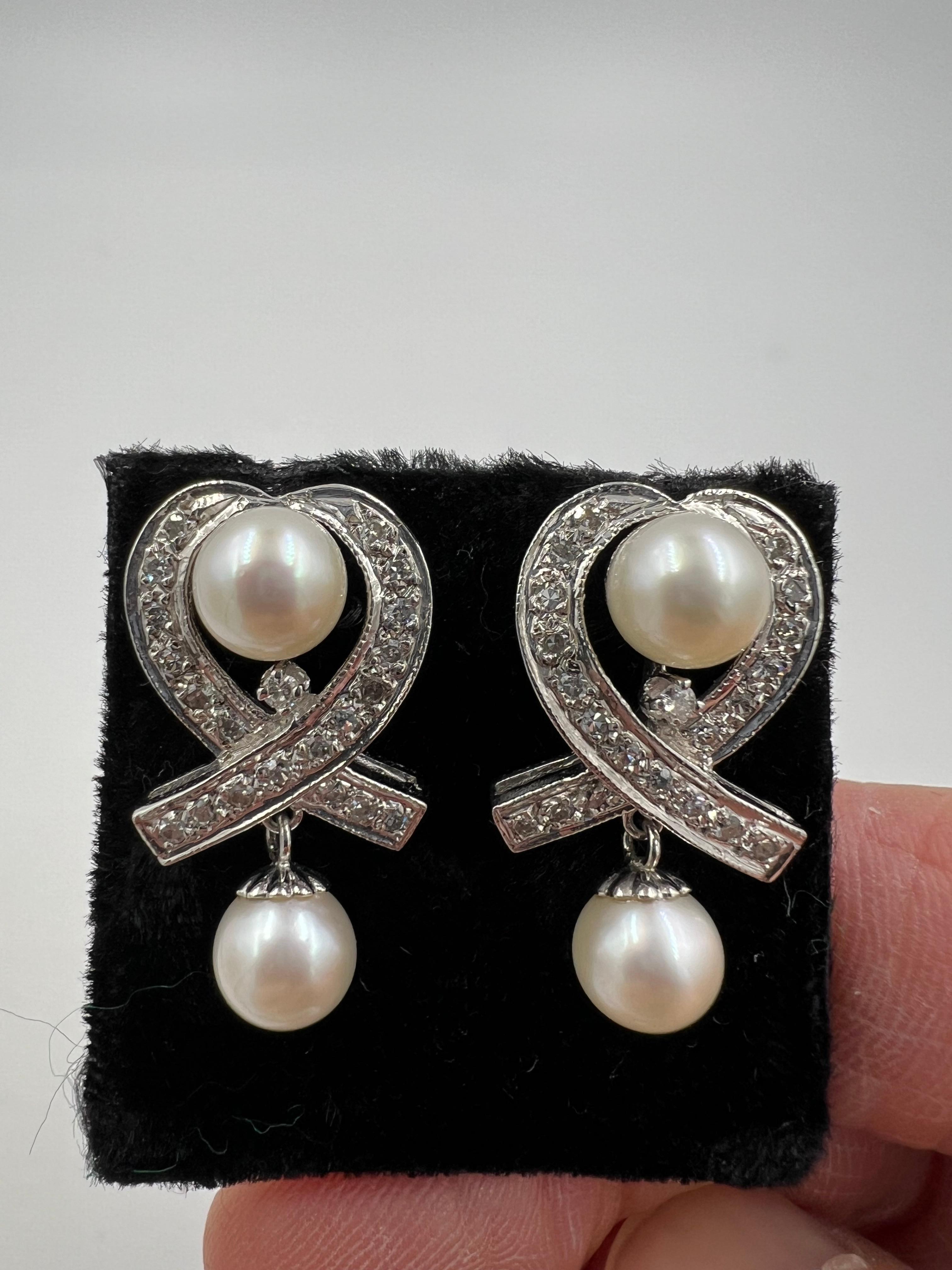 Round Cut 1950s Diamond Pearl Drop Earrings For Sale