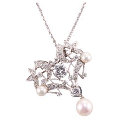Retro 1950s Diamond Pearl Gold Pendant Brooch Necklace