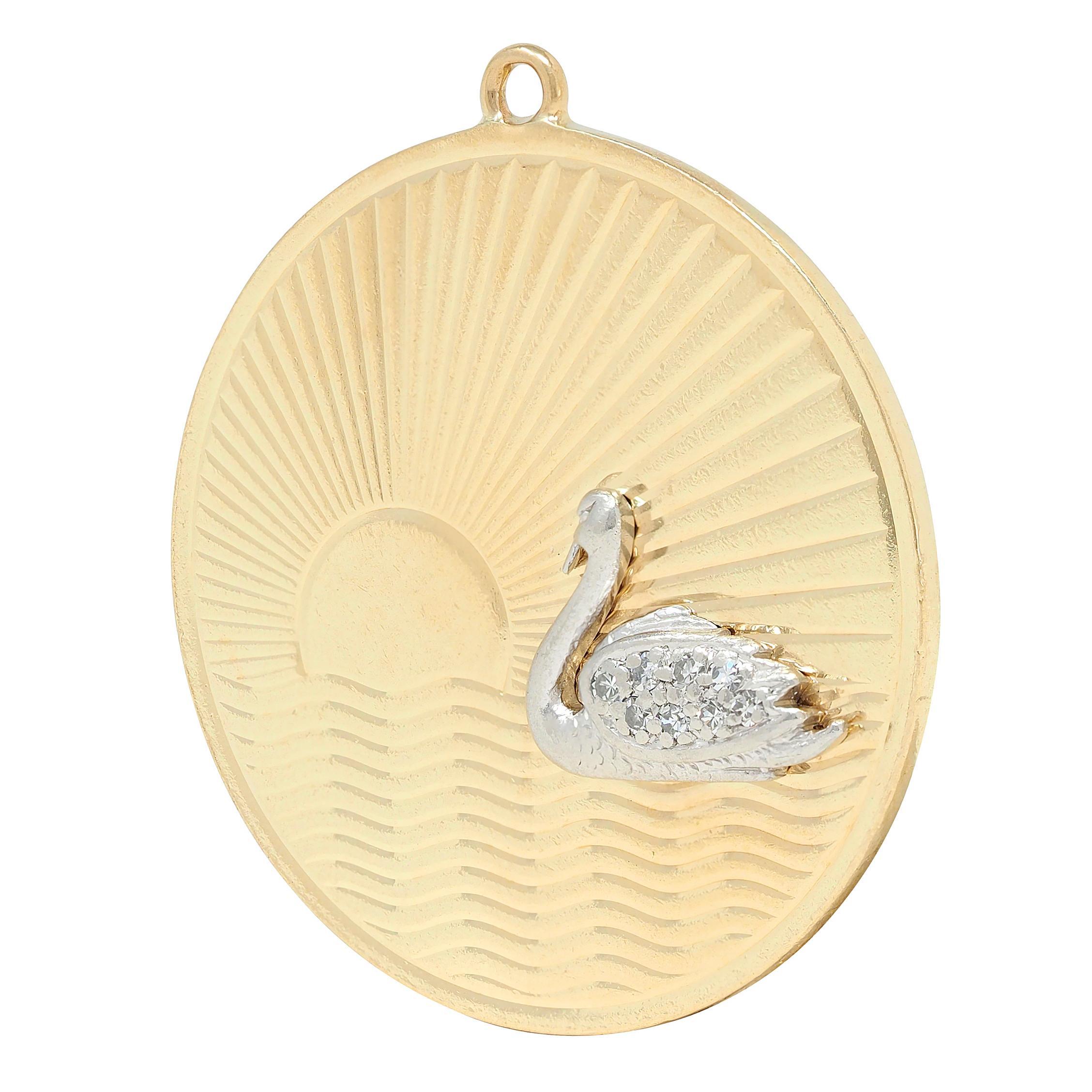 1950er Jahre Diamant Platin 14 Karat Gelbgold Vintage Schwan Anhänger Charme (Einfacher Schliff) im Angebot