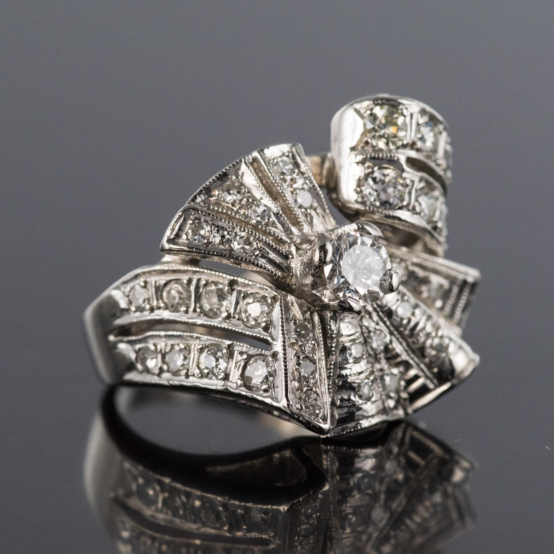 1950s Diamond Platinum Asymmetrical Cocktail Ring In Good Condition In Poitiers, FR