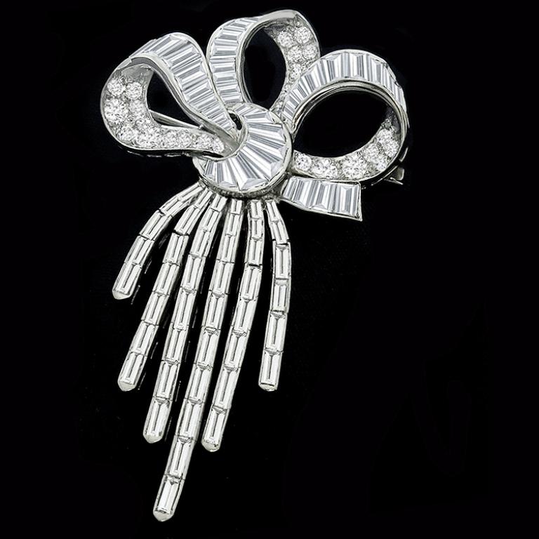 Baguette Cut 1950s Diamond Platinum Bow Pin or Pendant