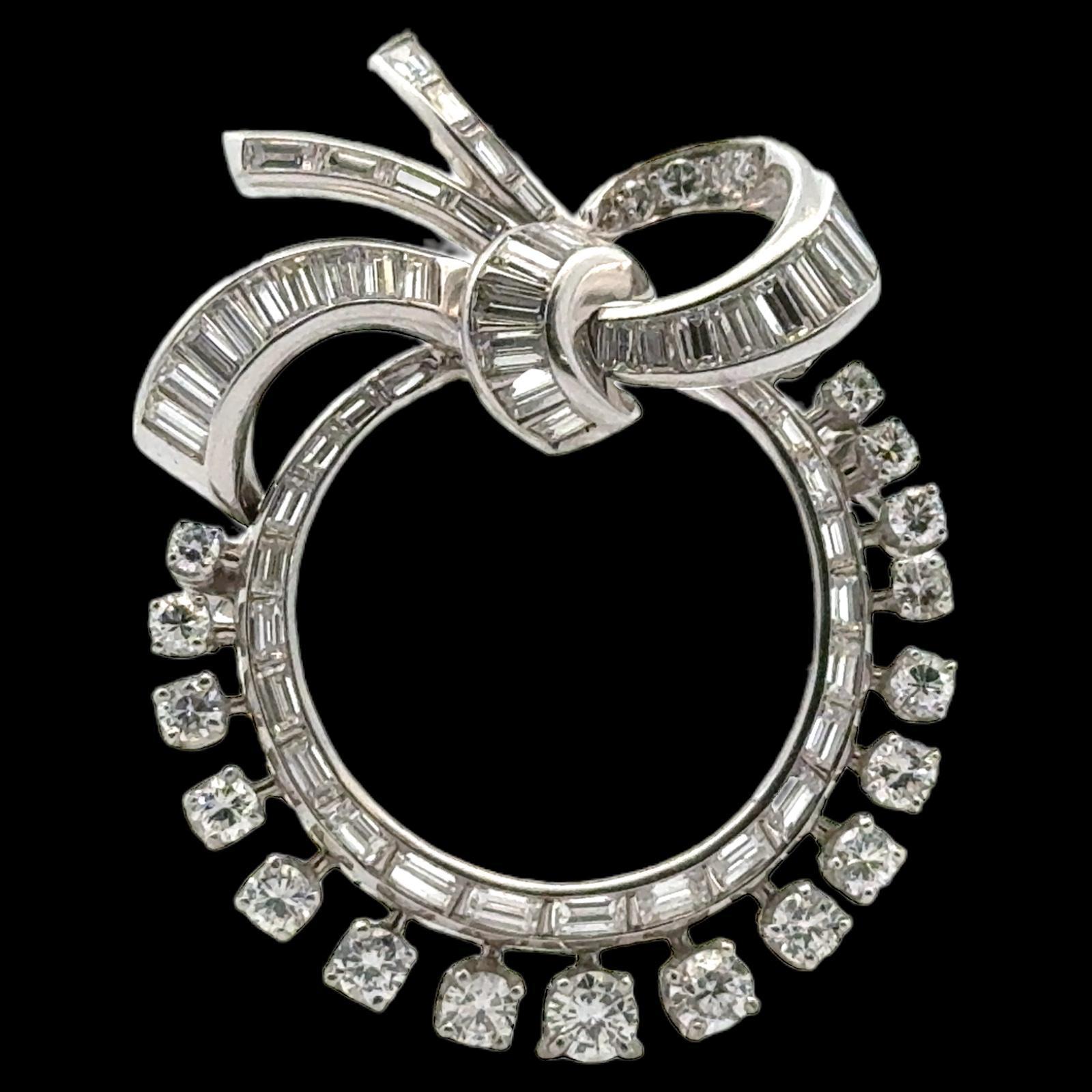 1950's Diamond Platinum Circle Bow Estate Brooch Pin In Excellent Condition In Boca Raton, FL