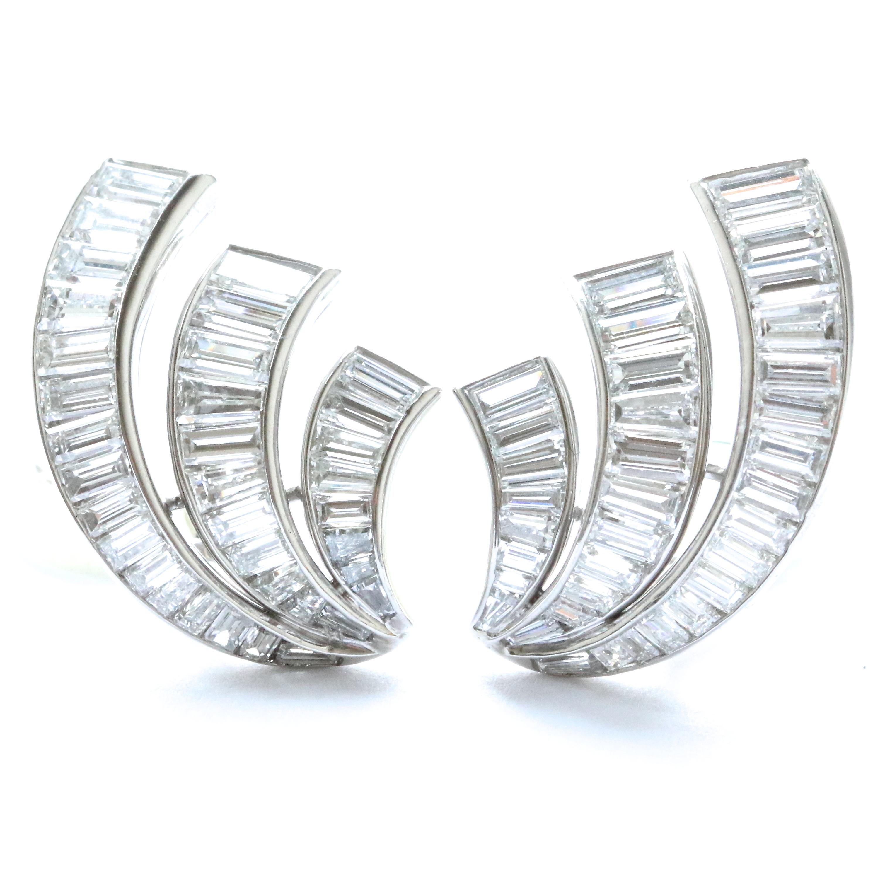 Baguette Cut 1950s Diamond Platinum Clip-On Earrings