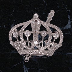 1950s Diamond Platinum Crown Estate Pin Brooch