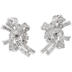 1950s Diamond Platinum Ribbon Bow Clip-Back Earrings