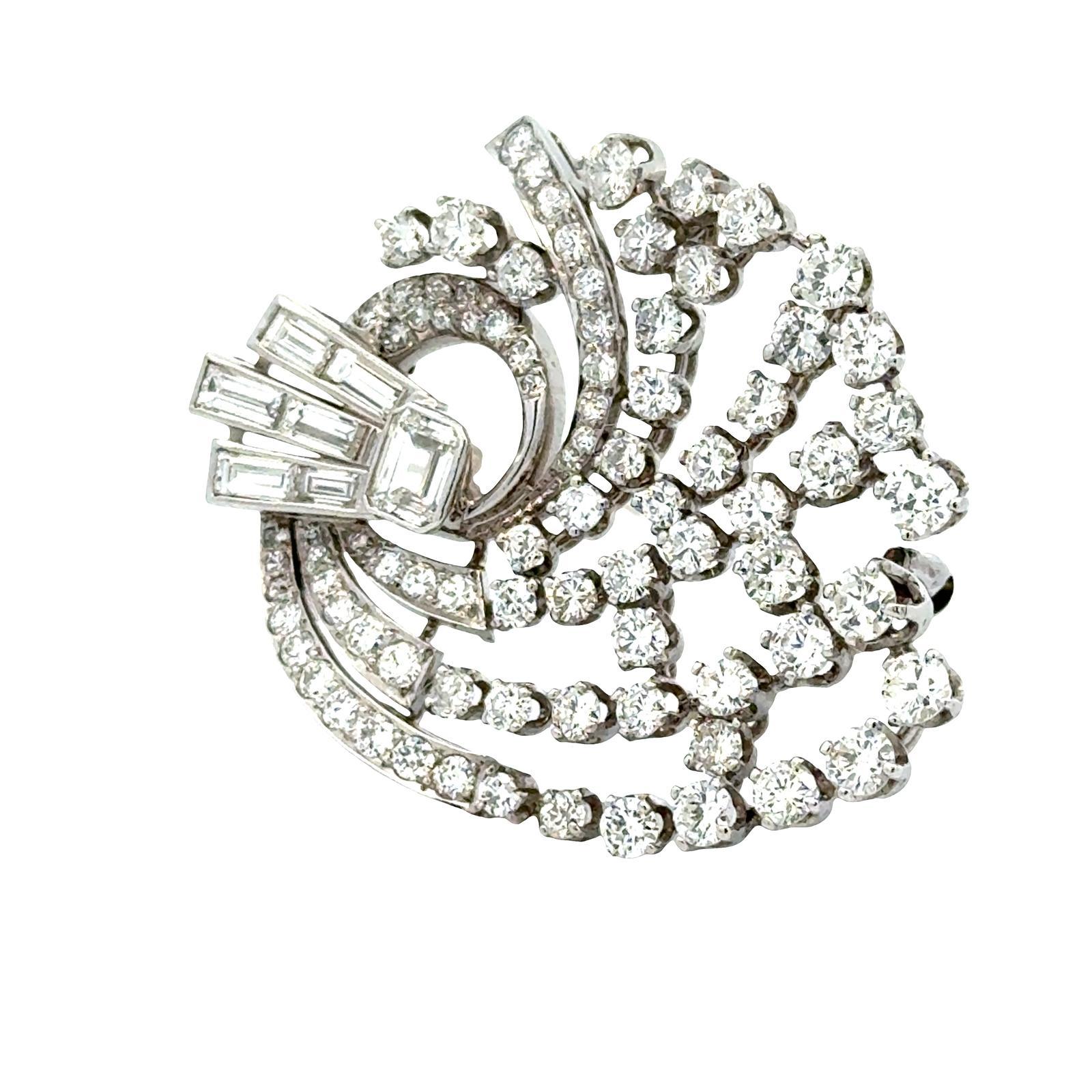 Contemporary 1950's Diamond Platinum Swirl Vintage Brooch Pin For Sale