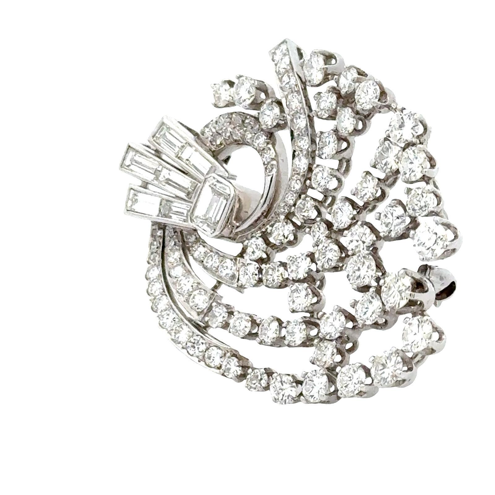 Emerald Cut 1950's Diamond Platinum Swirl Vintage Brooch Pin For Sale