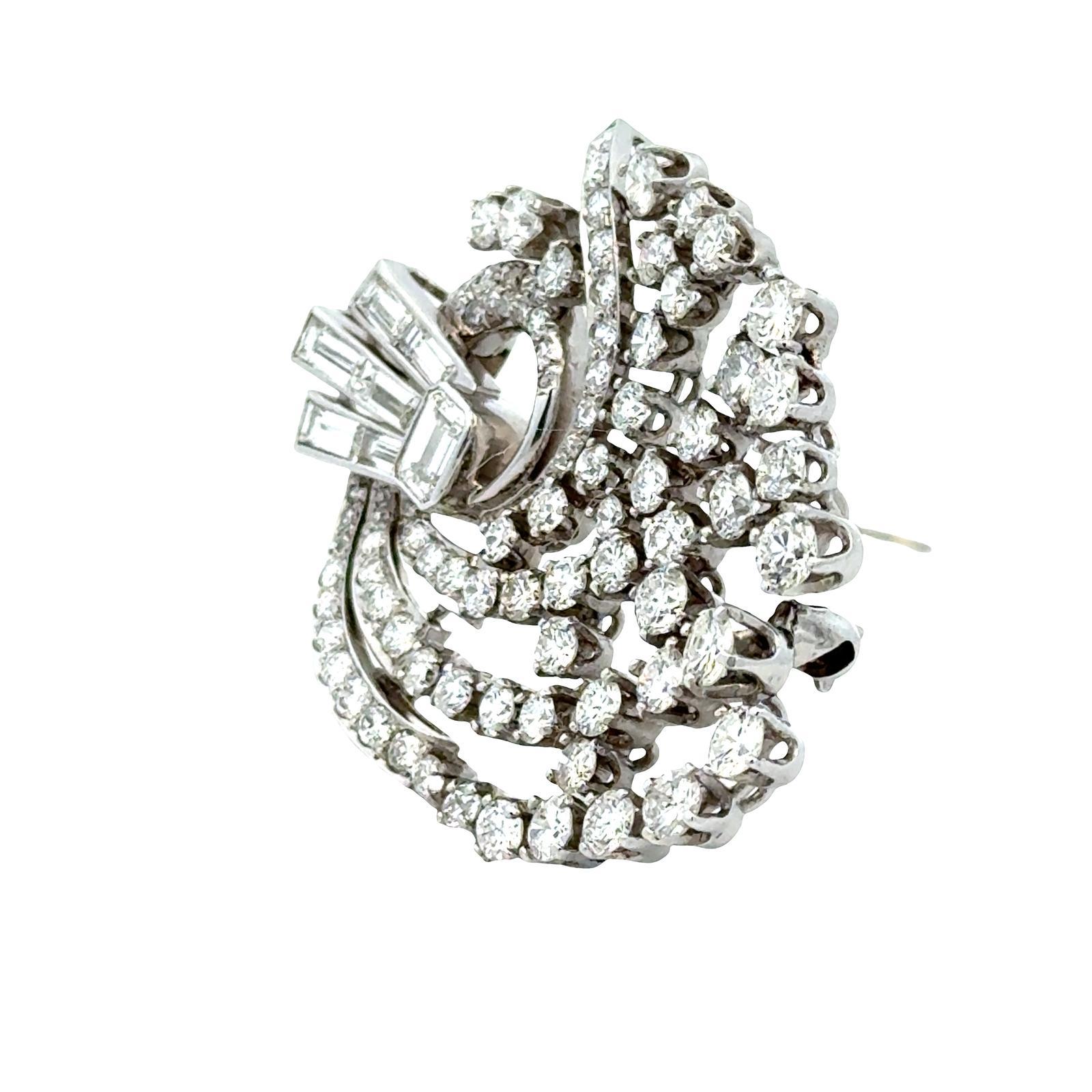 Women's 1950's Diamond Platinum Swirl Vintage Brooch Pin For Sale