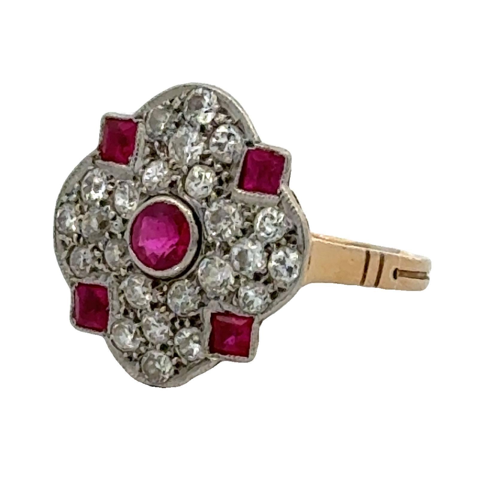 Art Deco 1950's Diamond Ruby 18 Karat Yellow Gold Platinum Vintage Cocktail Ring For Sale