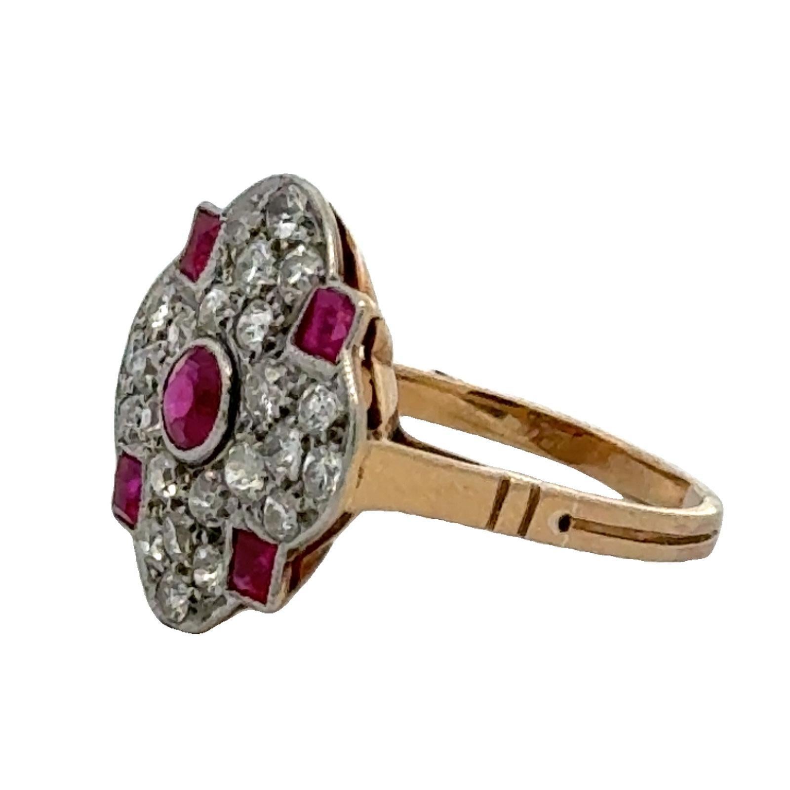 1950's Diamond Ruby 18 Karat Yellow Gold Platinum Vintage Cocktail Ring For Sale 2