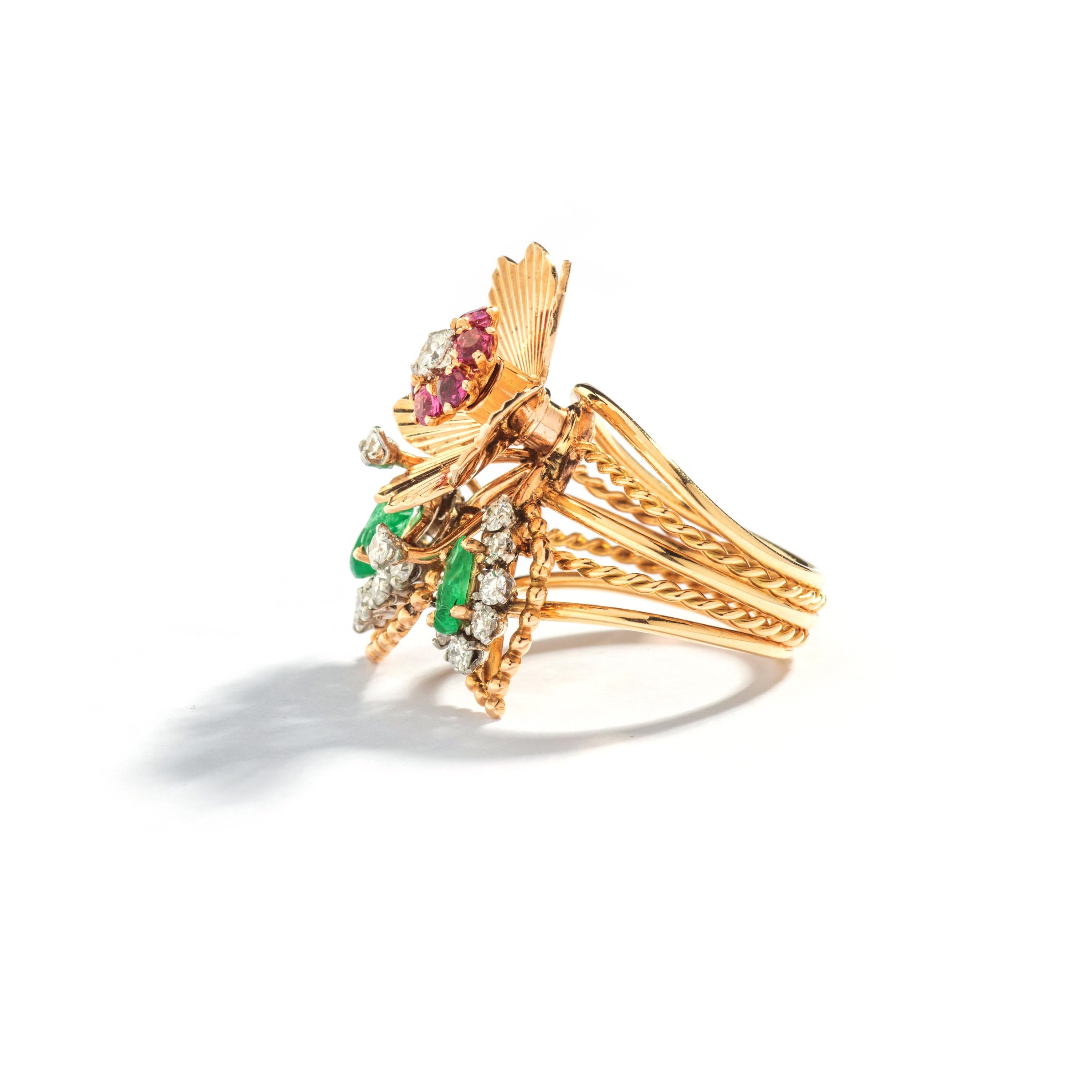 Round Cut 1950s Diamond Ruby Emerald Gold Flower Ring For Sale